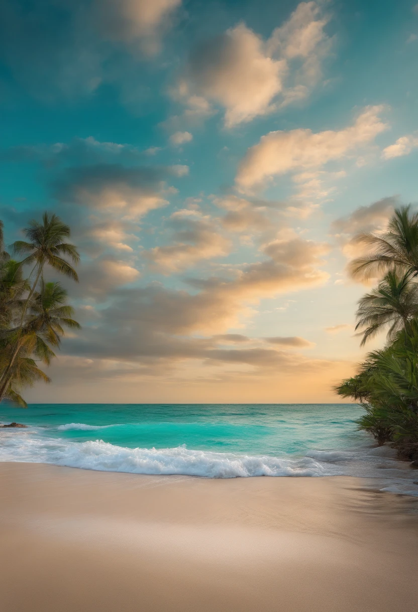 Una imagen hiperrealista de estilo de arte digital en 16:Formato 9, Millia Rage, Vista posterior, cabello largo y rubio, ojos verdes, piel clara, de pie en la esquina inferior izquierda, mirando hacia el sol, Playa de arena blanca, cielo azul claro con algunas nubes blancas, palmeras altas, Clear turquoise water with small waves, a pocos metros frente a ella, sin personas, sin objetos