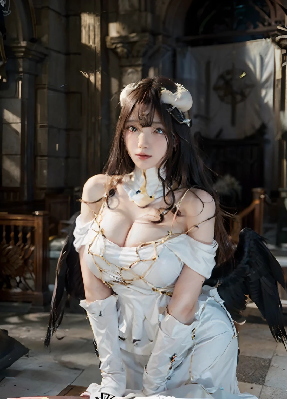 albedo from overlord, trending on pixiv, Trending Anime Hyperrealism, White Devil's Horn,black feathers on the waist,,,, curvy but slender, Signature White Dress, Signature pose at the mansion,(Huge breasts:1.2)、(Soft breasts:1.2),drooping bangs、Background Church、the color of the plumage is black,