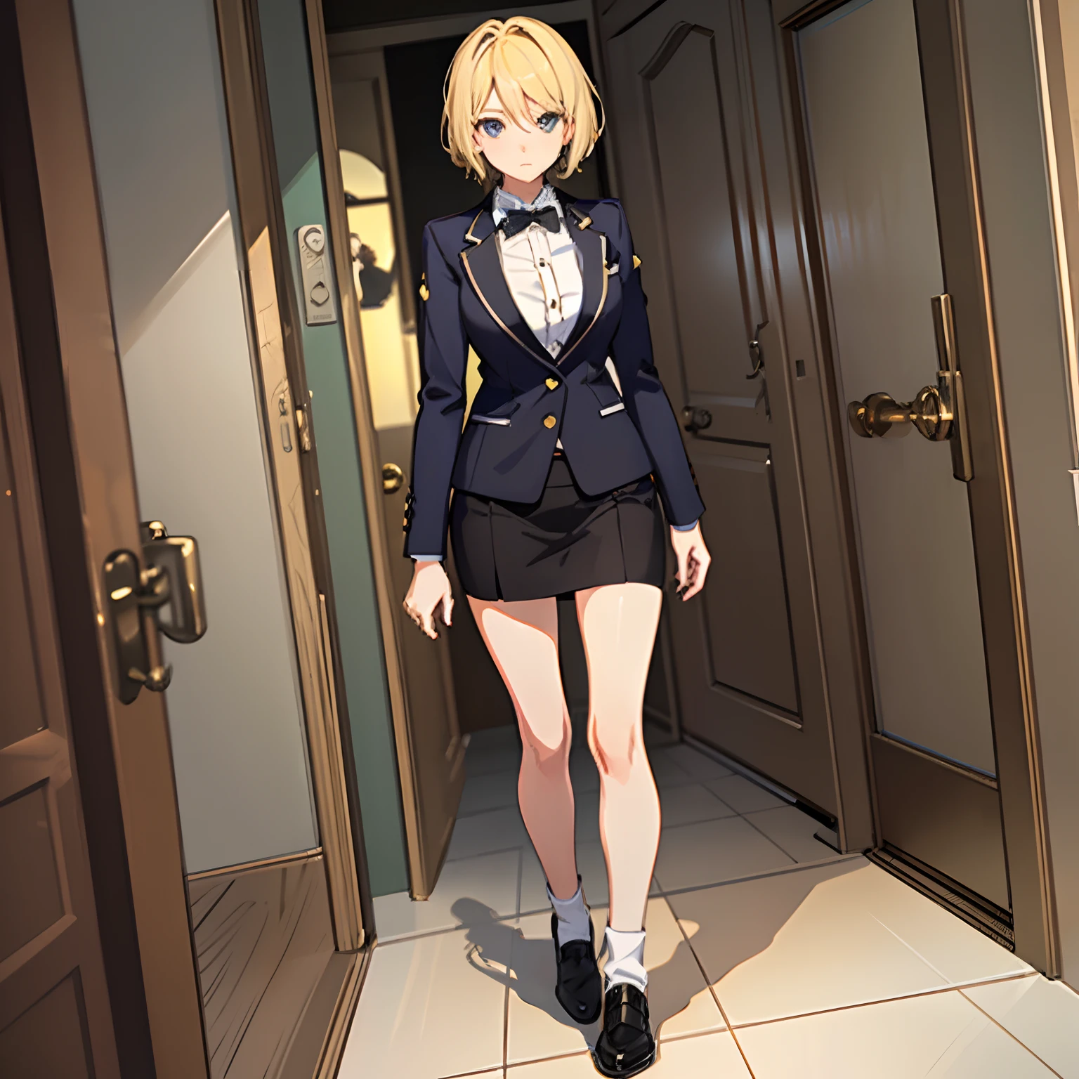 1girll,(short blonde hair:1.6),Business suit,Skirt that wraps hips,black short socks,Mature and beautiful and sexy,Rich and noble families,In the corridor of the villa,(Knocking on the door:2),facing away from the audience,Ultra-detailed CG,Exquisite facial features,Clear facial expressions,Detailed digital anime art,Digital anime art,High quality anime art style