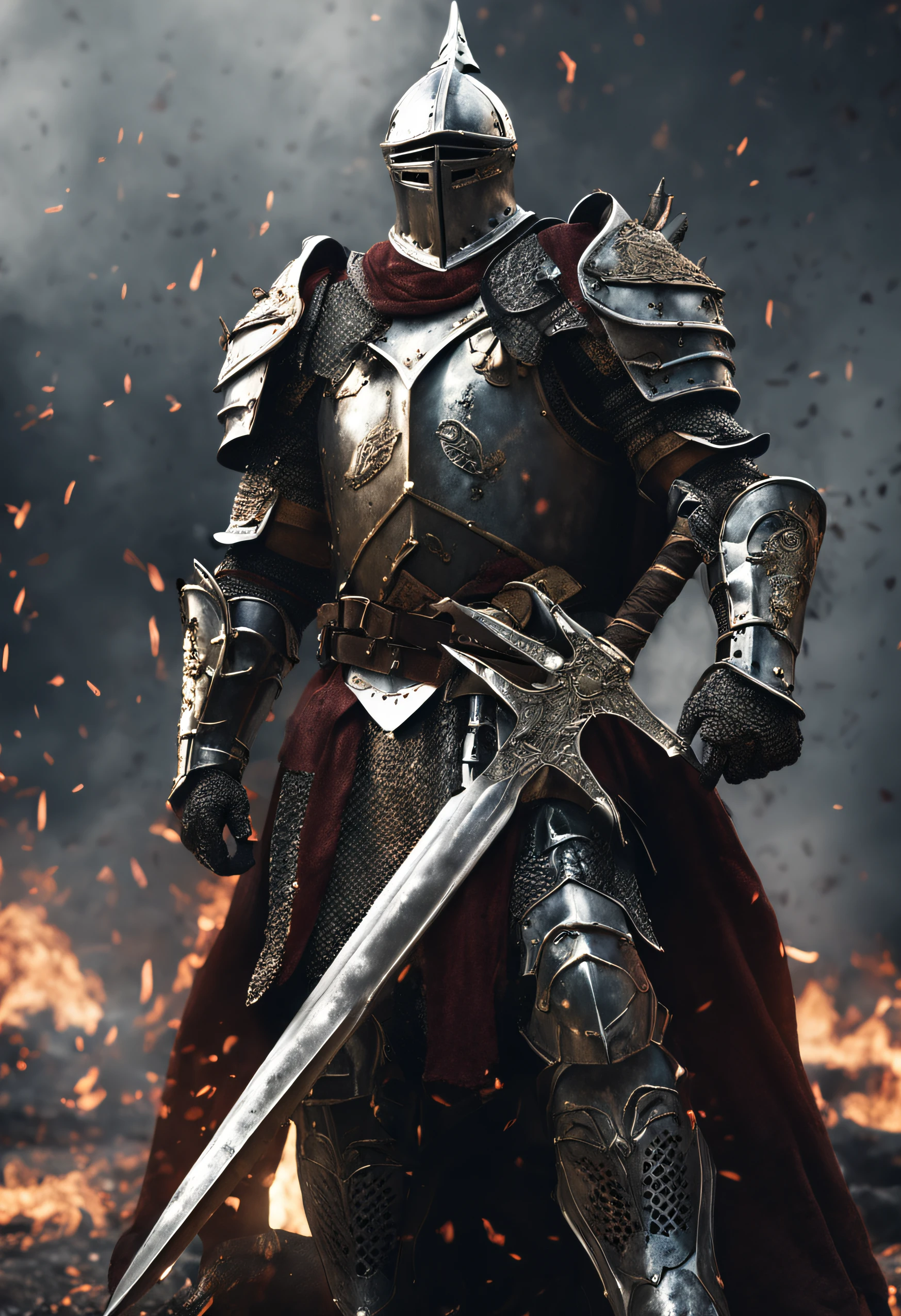 A knight fallen in battle, on his knees, blood all over his amour as he holds on to his sword, dark background