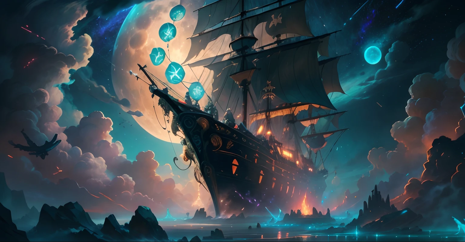 Painting of a flying pirate ship surrounded by little fairies, meteor shower, clouds, full moon, Stars in the background, fantasy, Highly detailed digital art in 4K, High-quality detailed art in 8K, In the style of Cyril Roland, detailed fantasy digital art, Epic Fantasy Science Fiction Illustration, Amazing wallpapers, Inspired by Gaston Bussiere, masterpiece, A beautiful, psychedelic masterpiece., Black Light Painting