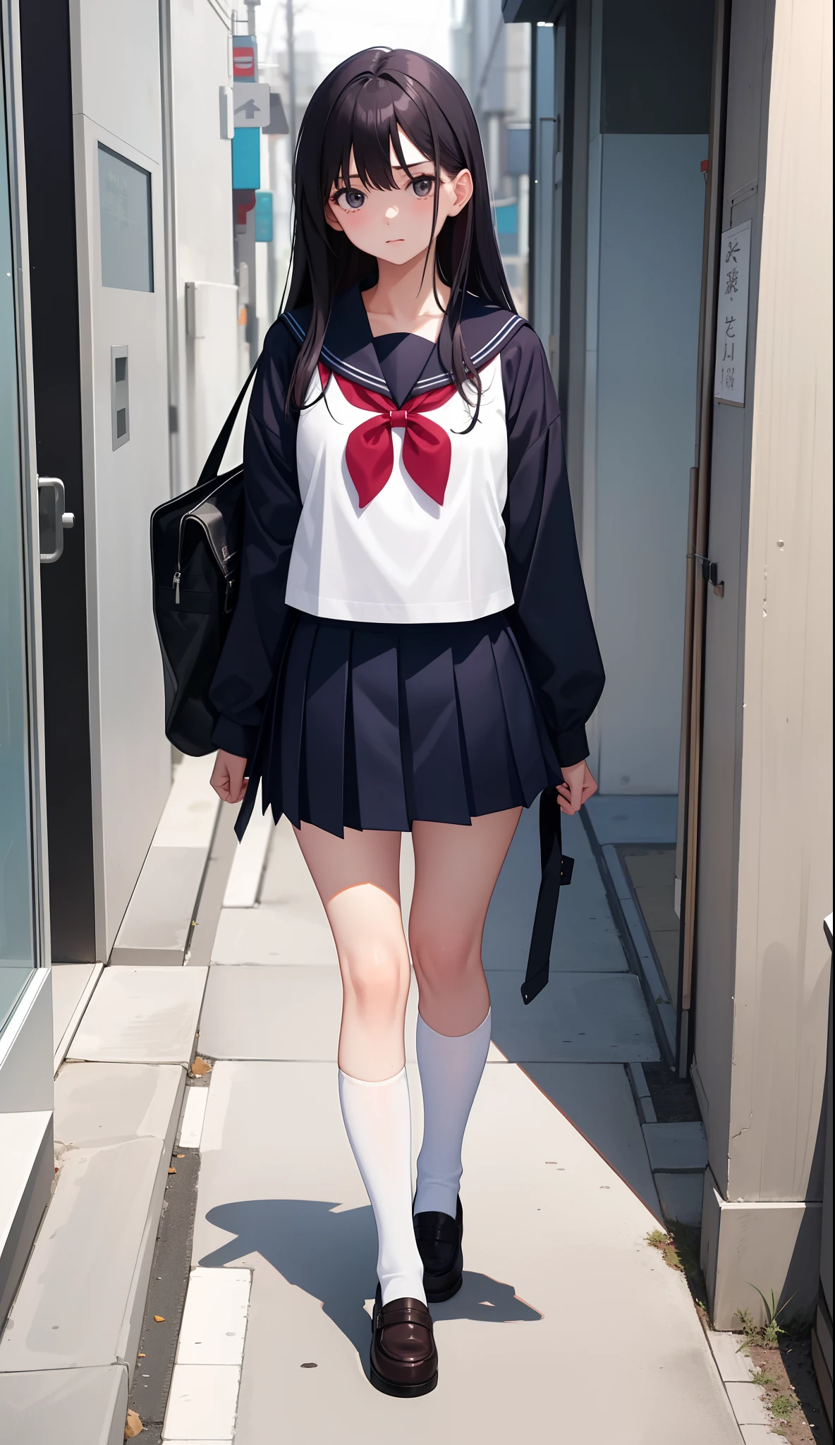 1girl in、AS-Adult、The shirt、skirt by the、(small tits)Japan High School、校服、serafuku、Walking with a thigh、Upper body portrait、