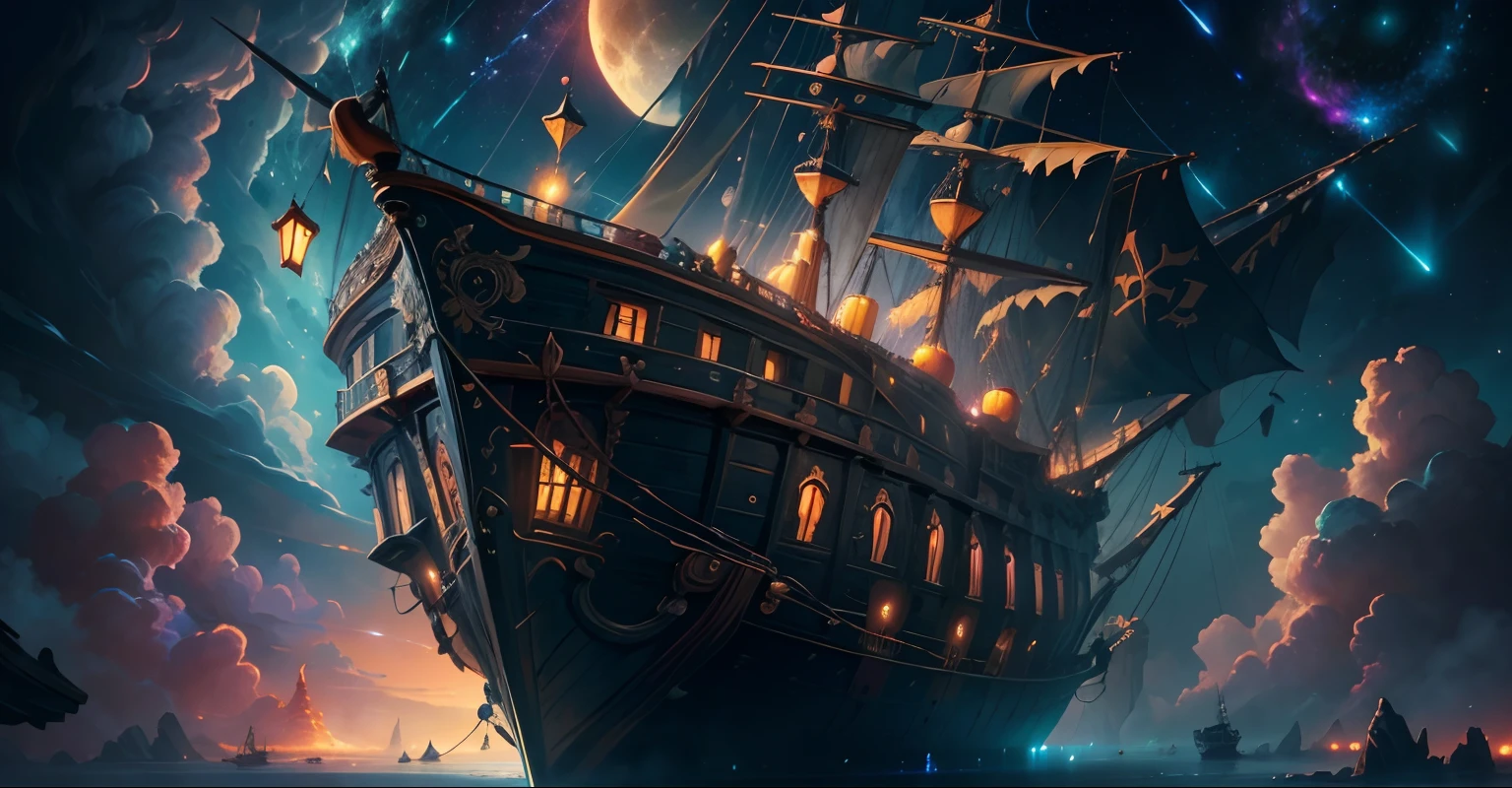 Painting of a flying pirate ship surrounded by little fairies, meteor shower, clouds, full moon, Stars in the background, fantasy, Highly detailed digital art in 4K, High-quality detailed art in 8K, In the style of Cyril Roland, detailed fantasy digital art, Epic Fantasy Science Fiction Illustration, Amazing wallpapers, Inspired by Gaston Bussiere, masterpiece, A beautiful, psychedelic masterpiece., Black Light Painting