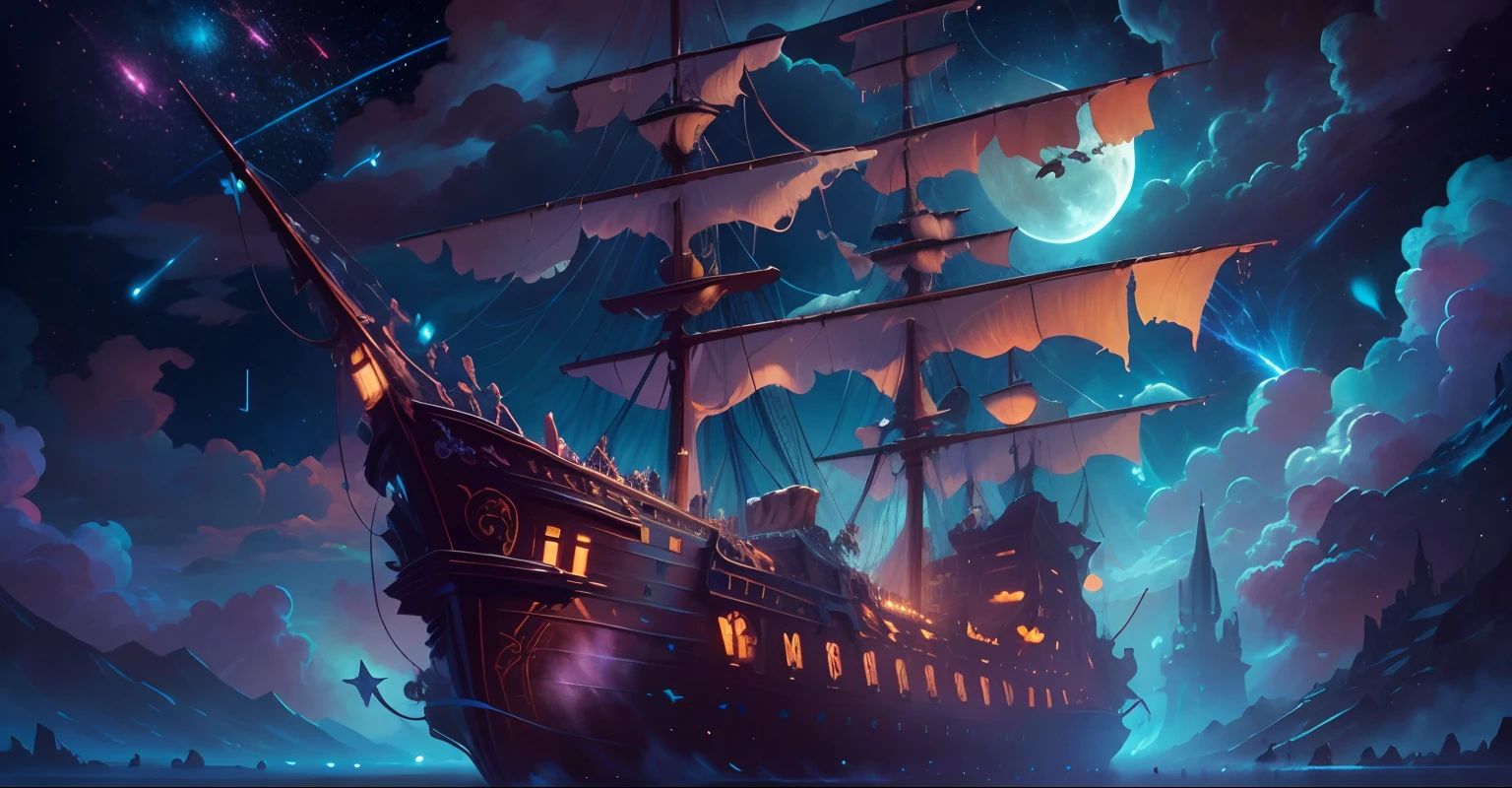 Painting of a flying pirate ship surrounded by little fairies, meteor shower, clouds, full moon, Stars in the background, fantasy, Highly detailed digital art in 4K, High-quality detailed art in 8K, In the style of Cyril Roland, detailed fantasy digital art, Epic Fantasy Science Fiction Illustration, Amazing wallpapers, Inspired by Gaston Bussiere, masterpiece, A beautiful, psychedelic masterpiece., Black Light Painting