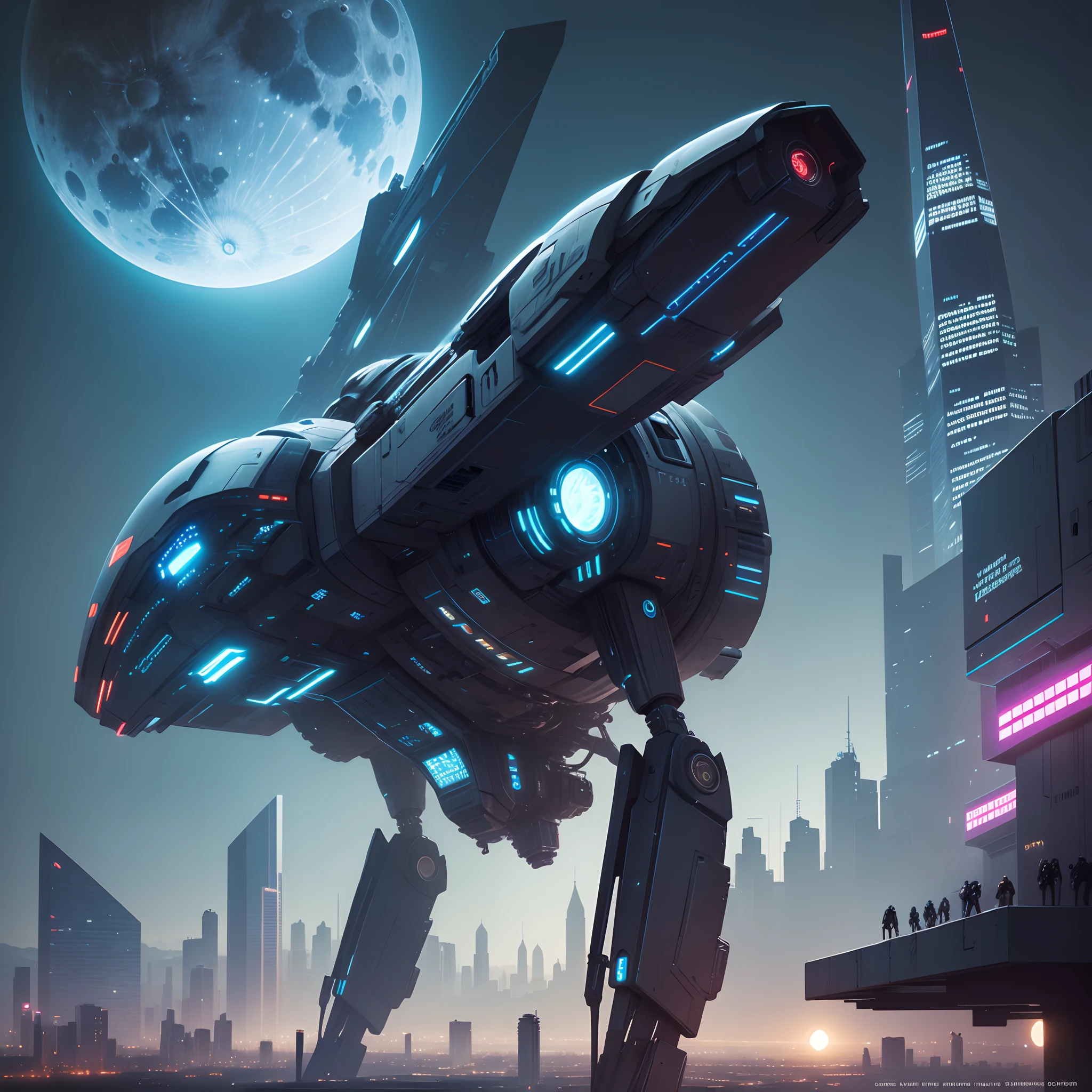 cyber punk, sci-fi, masterpiece, super detail, high quality, award winning, futuristic cityscape, capital city, landmark, At night, full moon, theme color is blue, high technology, drone flies