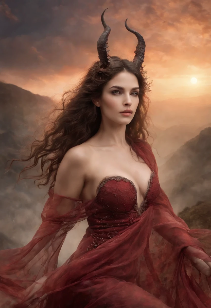 melhor qualidade)), ((obra-prima)), (detalhado), succubus sedutora, ethereal beauty, empoleirada em uma nuvem, vestido transparente vermelho, neckline to navel, seios grandes, (Fantasy Illustration: 1.3), olhar encantador, pose cativante, asas delicadas, charme sobrenatural, mystical sky, (Luis Royo:1.2), (Yoshitaka Amano:1.1), noite de luar, cores suaves, (paisagem de nuvens detalhada:1.3), (alta resolução:1.2)