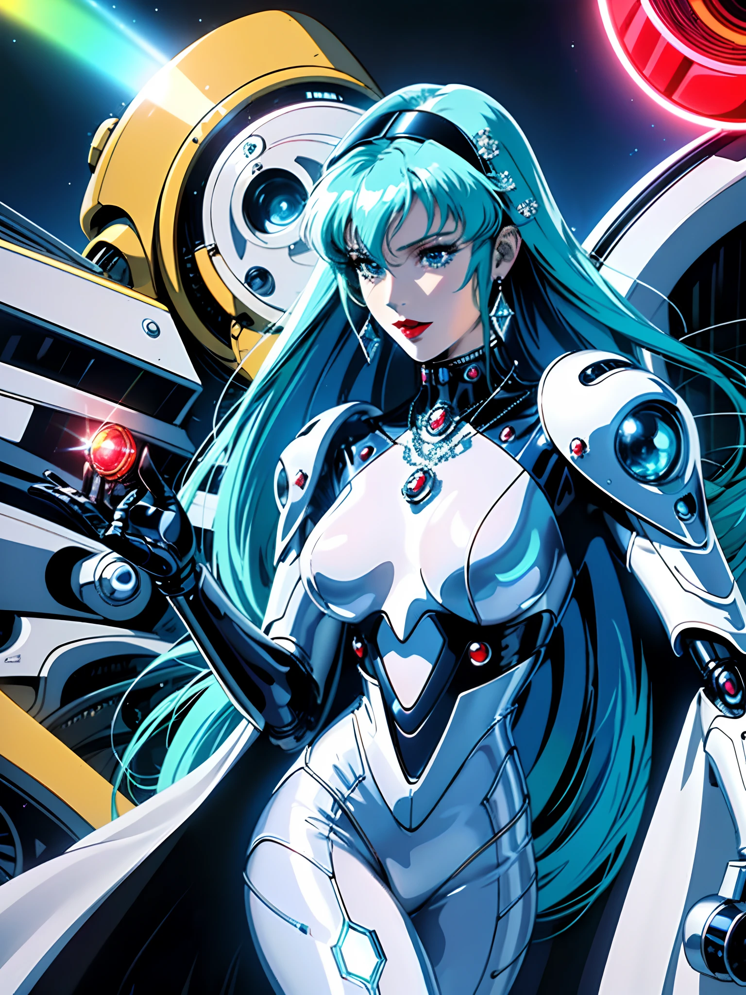 (elegant robotic) lady, (masterpiece), intricate details, retro, ((1999s anime)), ((best quality)), (bright colorful future city at night), (radiant long leather cords) iridescent [holographic metal robot], red buttoned device, iridescent metal, (diamond futuristic) jewelry, (red lips), laser, thin, extremely detailed, covered, dynamic pose