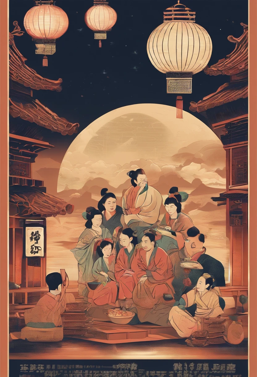 A group of people chatting under a full moon,Play with lanterns,Eating fruit in his mouth,Eating mooncakes