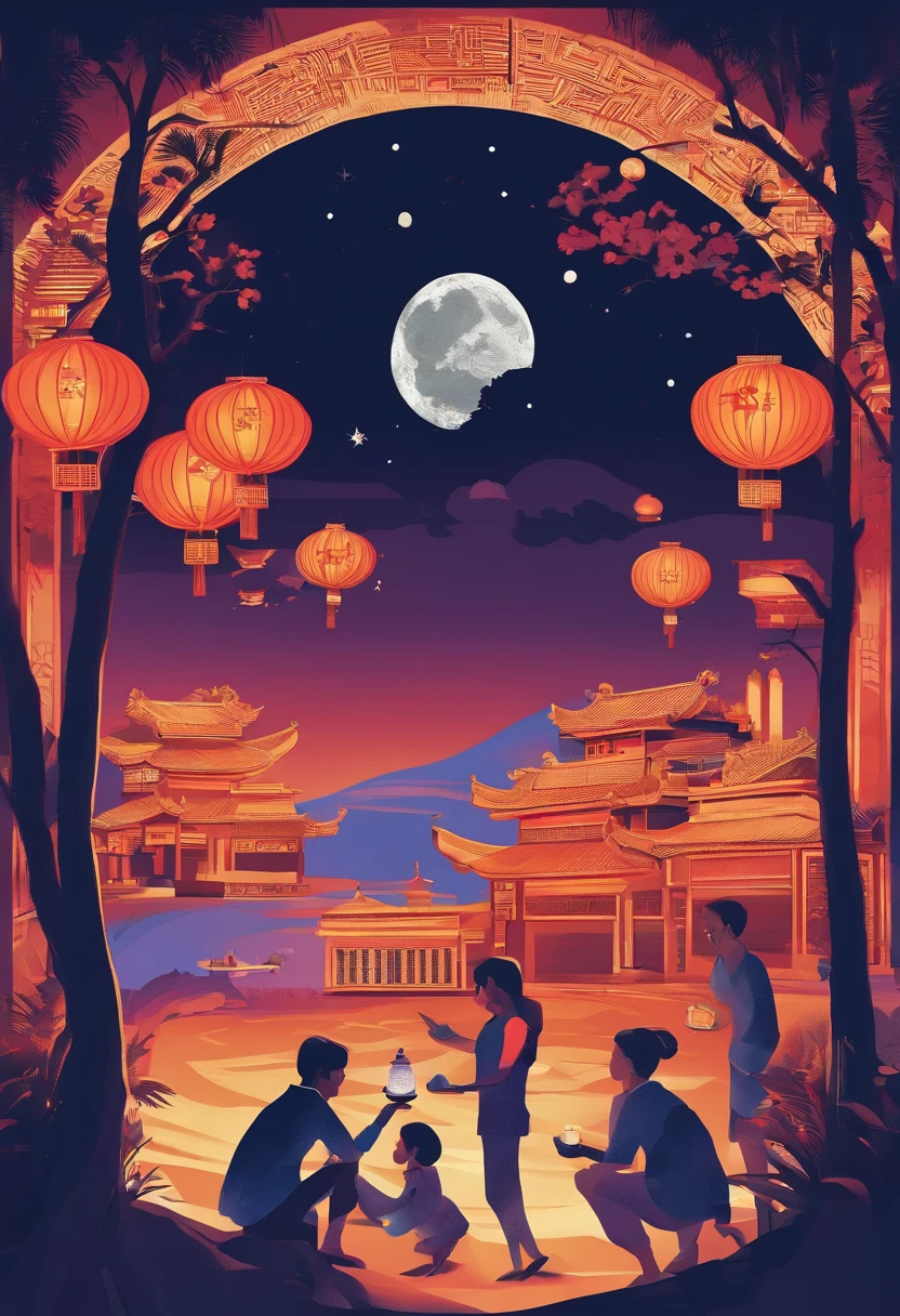 A group of people chatting under a full moon，Play with lanterns，Eating fruit in his mouth，Eating mooncakes