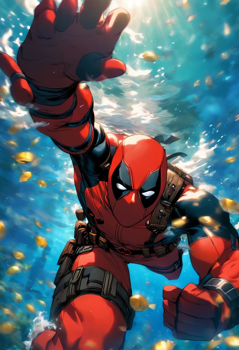 foreshortening, profundidade de campo, master part, best quality, deadpool, underwater, bolha de ar, sozinho, Olhando para o Viewer, swimming, luz solar fraca,