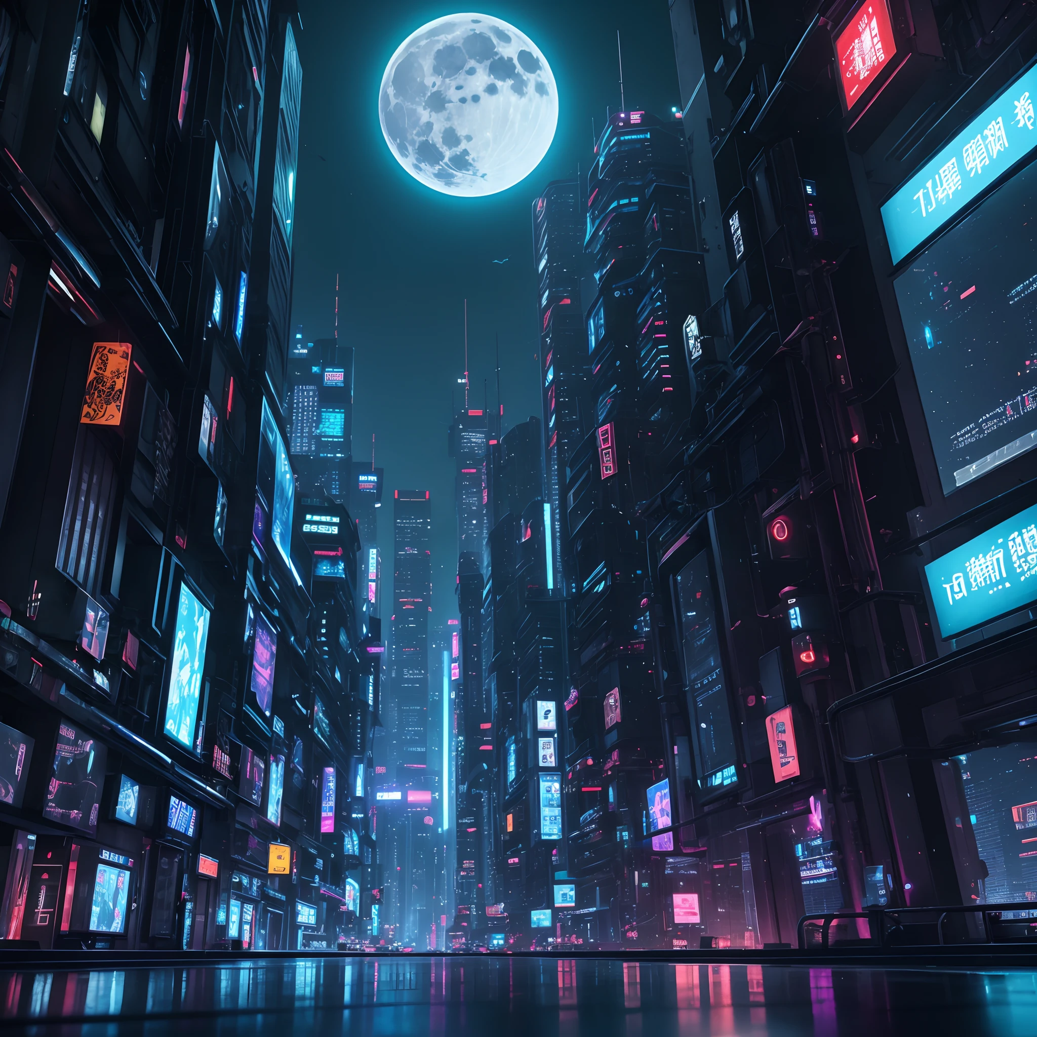 cyberpunked, scientific fiction, masutepiece, Super Detail, High quality, awardwinning, futuristic city street, capital city, landmark, At night, fullmoon, The theme color is blue, Hi-Tech, Drones fly