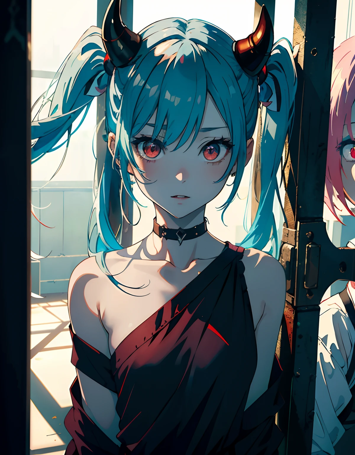 ((masterpiece, best quality)), (1girl, anime girl in dark prison),(loli, little girl, pale skin, devil horn), (solo), (female focus), (light cyan hair, twintail hair),red eyes, ((exposed shoulder)), pale skin, evil, vicious, yandere, portraits, close up, upper body, vibrant colors, soft lighting