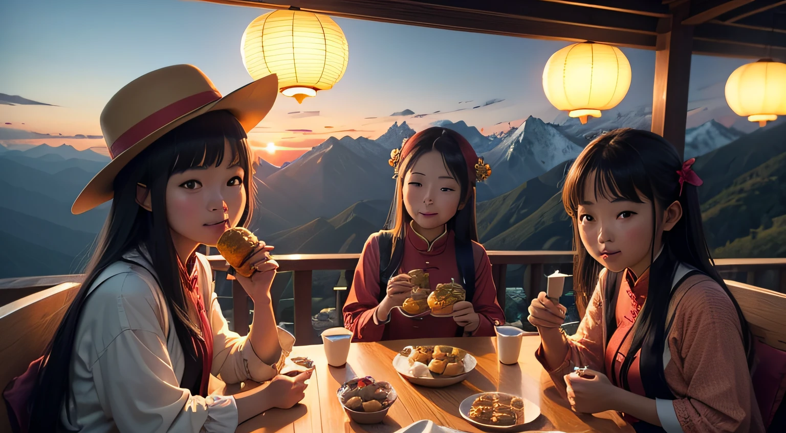 Girls in loose costumes eat mooncakes on the mountains during the Mid-Autumn Festival