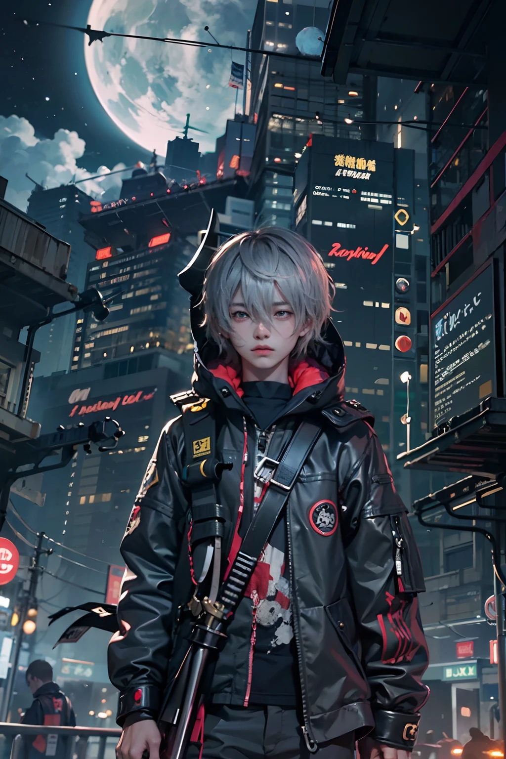 1boy,(a 13 yo boy:1.5)、Anime-style protagonist、Cyberpunk Boy、Black attire、silber hair、katanas,machine gun、Whole body bloody、The beginning of the adventure、Lots of clouds,heavy fog、Moon,Chaotic city of the future、dystopian、Dim lighting、Chaotic、Beautiful and fantastic scenery、Cinematic scenery、hightquality、masutepiece,in 8K、hight resolution、