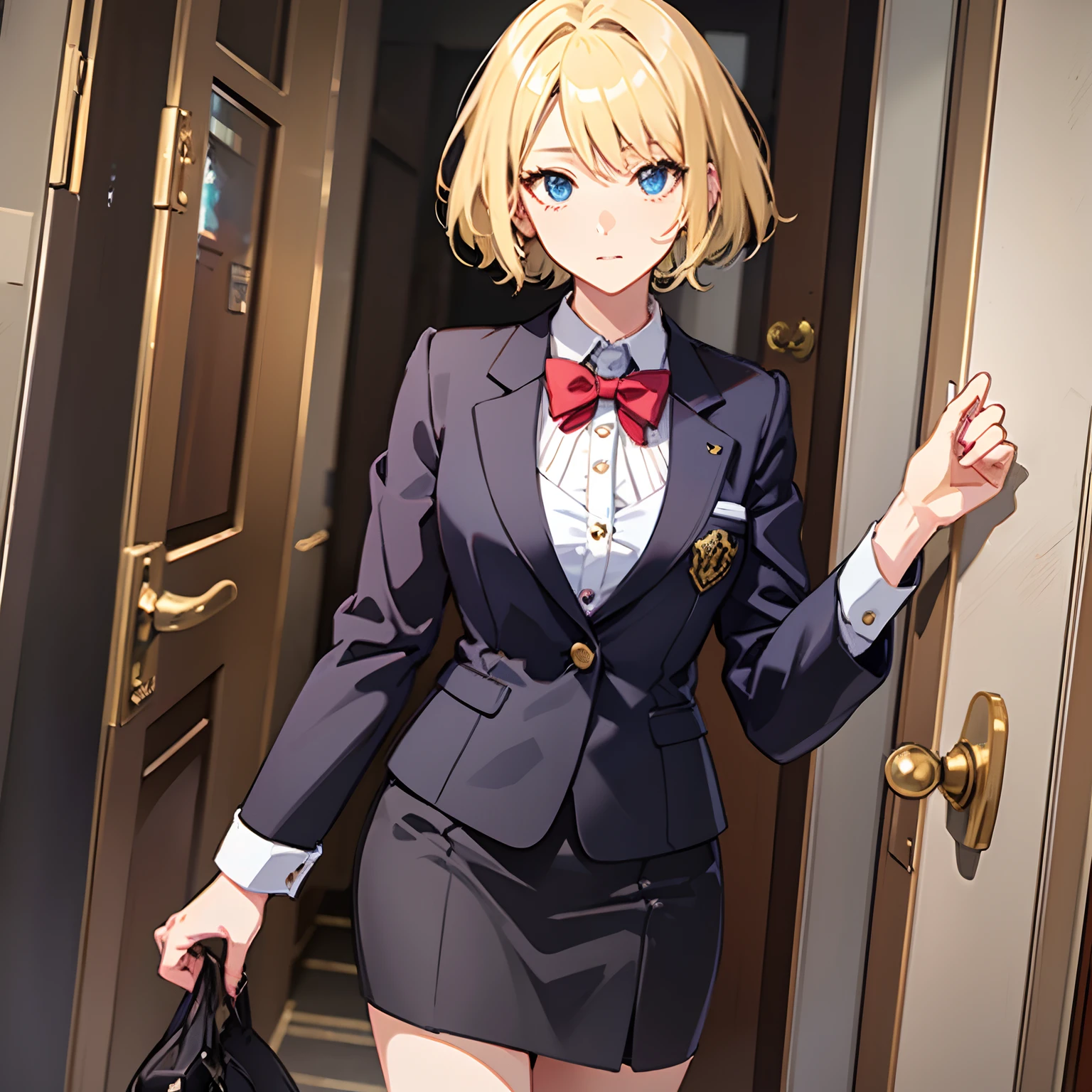 1girll，(short blonde hair:1.6)，Business suit，Skirt that wraps hips，black short socks，Mature and beautiful and sexy，Rich and noble families，In the corridor of the villa，(Knocking on the door:2)，facing away from the audience，seductive, Ultra-detailed CG，Exquisite facial features，Clear facial expressions，Detailed digital anime art，Digital anime art，High quality anime art style