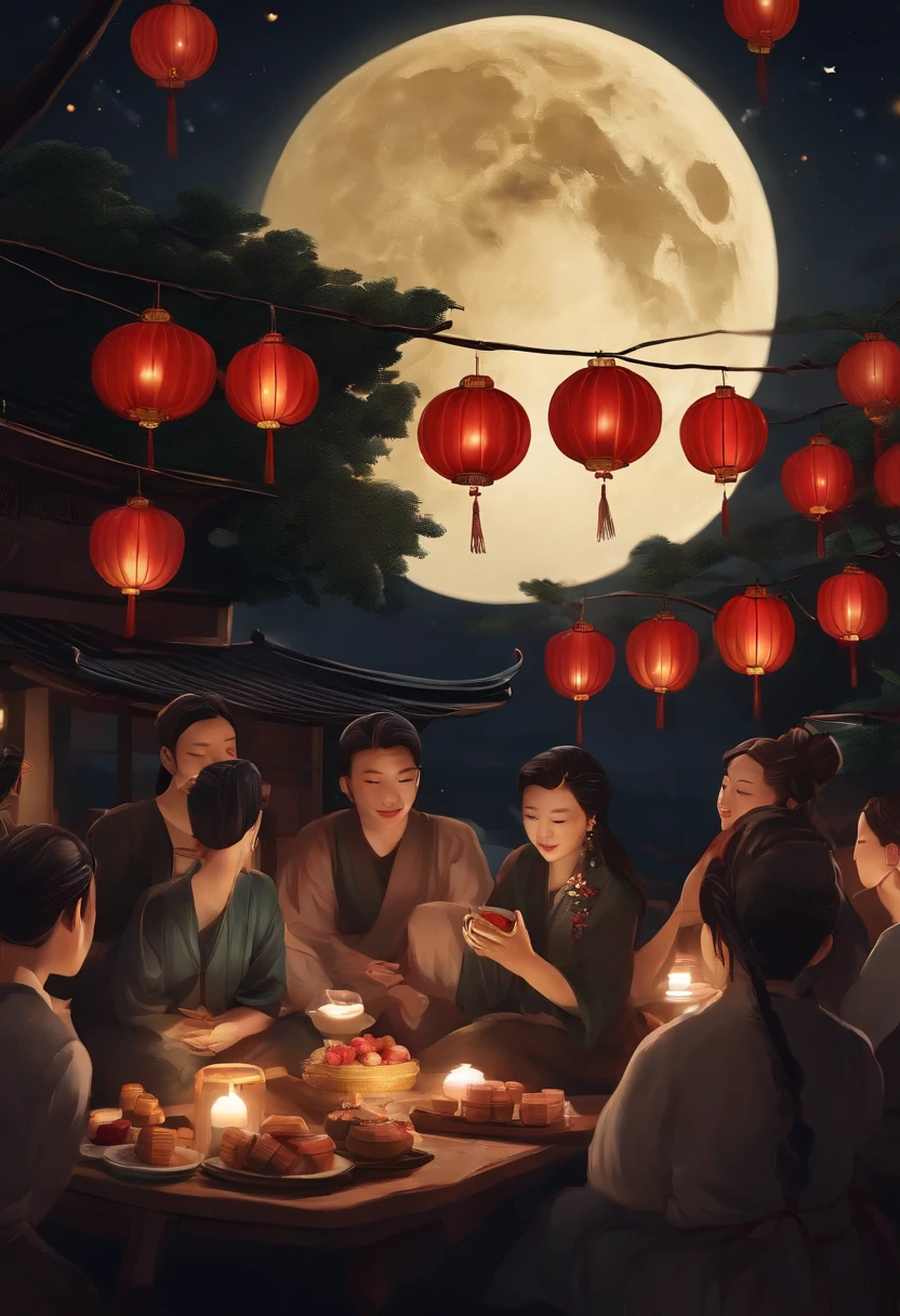 A group of people chatting under a full moon,eating fruits,Eat mooncakes,Play with lanterns