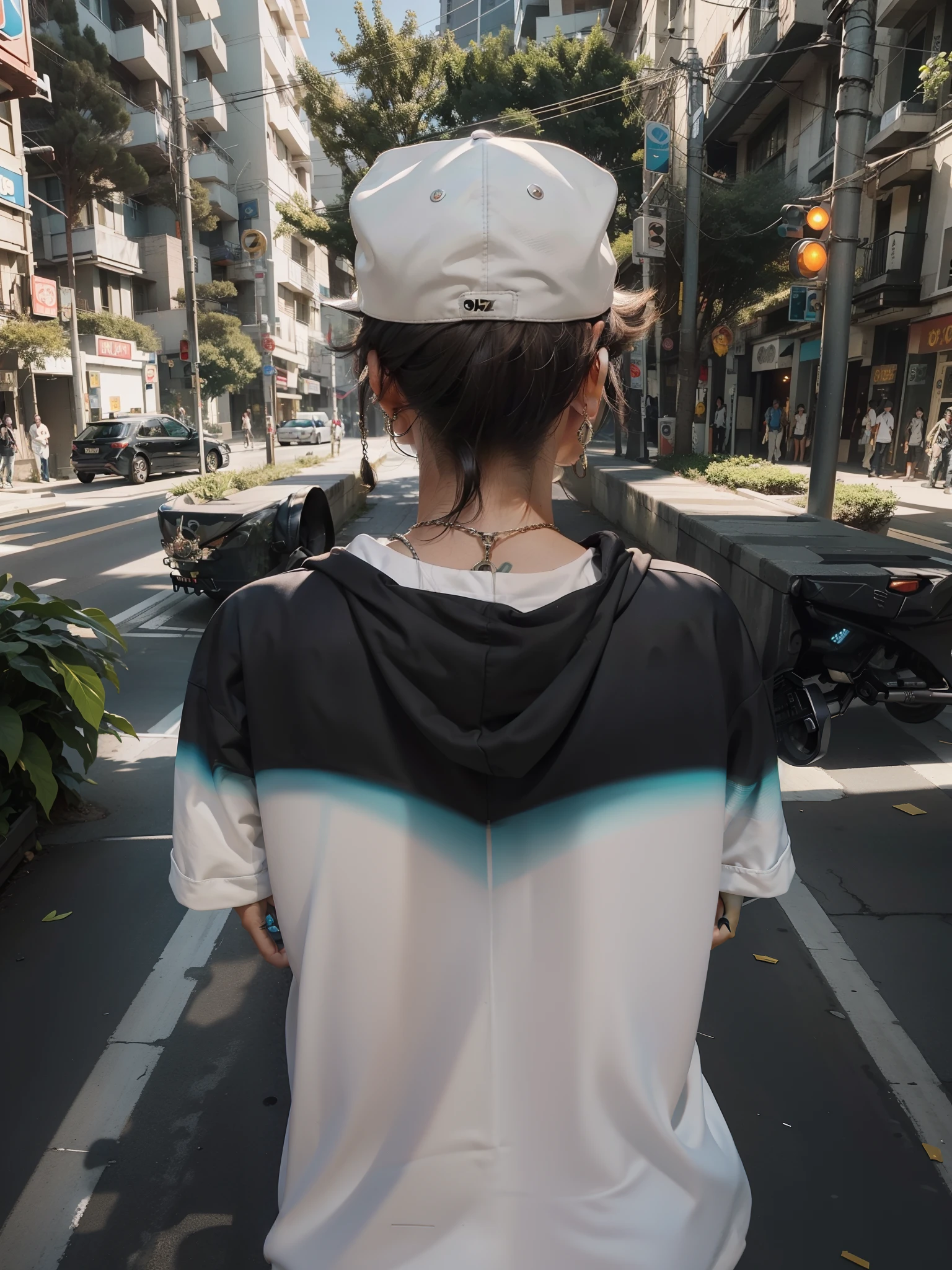 A boy from mexico hip hop style(raw,mock,Nikon Z 14mm ultra-wide lens,Award-winning glamorous photos,Perfect figure,((best quaity)),((Masterpieces)),((Lifelike)),Skin pores,sub-surface Scattering,Radiate light,high res,Detailed facial features,ahigh details,Sharp focus,Smooth,solo person,curlies,ear studs,bangle, there is a young boy walking down a path in a park, facing away from camera, facing away from the camera, turned back to camera, with his back turned, with back to the camera,,Extremely detailed,(Very detailed eyes,Very detailed iris),Extremely detailed hair,Extremely detailed skin,Extremely detailed clothes,Octane rating rendering,Lifelike,Lifelike,Post-processing,maximum detail,Natural hand details,Perfect figure, Realistic shadows, roughness, Natural skin texture, real life, a hyper realistic, Realism, fotografia, 8k uhd, fotografia, hdr, Complex,The figure is naturally perfect,elegent, highlydetailed, Sharp focus, Amazing, Cool, ornate), (Masterpieces:1.2, Best quality1:1, Ultra detail:1.2, best shadow, 8K:1.1), (Large cities:1.3, rooftop:1.1, The urban structure below, armrest), (Contrast the background, Bright background) , High contrast, (perfect illumination:1.2, Beautiful colors,Delicate colors),((cinematic light)),colourful,Ultra detail,Dramatic light,Intricate details,(solo,with brown hair, Dynamic angles,white Firefighter jacket,Cowboy shots,The arms are naturally downward),Depth of field, boy in black hat and white hoodie, he is wearing streetwear, man in streetwear, photo of boy in tech clothes, brunette boy in hoodie, realistic hair, detailed hair, cyberpunk streetwear, portrait of neymar Jr in football, Neymar Jr from Brazil wearing cyberpunk streetwear street fashion e-boy