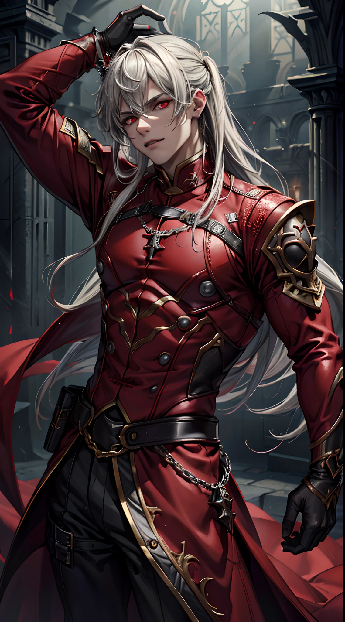 (Man), (Solo), 1boy, high resolution, ultra detailed, best quality, amazing, top quality, extremely detailed CG unity, Vampire Guy, detailed glowing red eyes, pale skin color, devil crown, depth of field, red clothes, half body, cinematic lighting, dark boy, white long hair, red eyes, killer machine, foggy atsmophere, sparkling bloods, darkness, fantasy,
