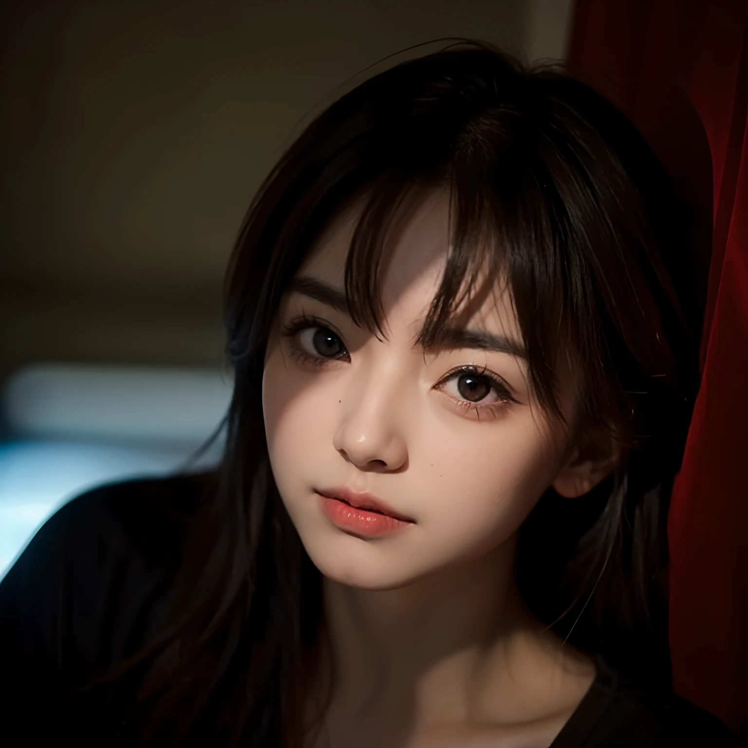 Highest quality，26 years old，woman，blunt bangs，Black Hair，Soft wavy hairstyle，With big eyes、Deep blue，Bright、Has a lively expression，Healthy and bright skin tone，Small mouth，Thick lips，flom below，whole body，Big Breasts，The thighs are a little thicker，Looking at the camera，Cinema Lighting，No eye shadow needed，Wearing oversized men&#39;s shirts，The chest area is wide open，
