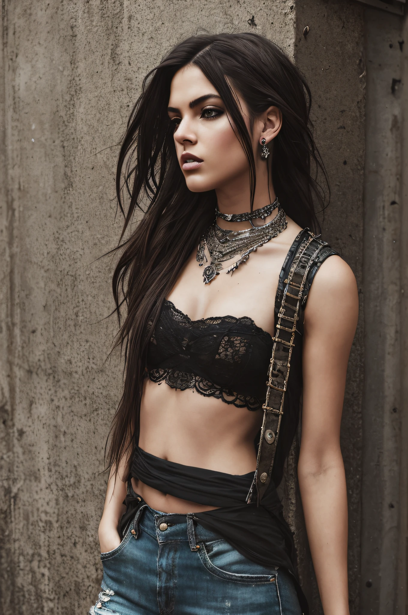 Grunge style masterpiece, best quality, cinematic lighting, natural shadow ,highest detail, detailed background, depth of field, insane details, subsurface scattering, dynamic angle, girl, high-fashion style, designer clothing, runway-inspired looks, luxurious fabrics, statement accessories, couture designs, trend-setting outfits, . Textured, distressed, vintage, edgy, punk rock vibe, dirty, noisy,