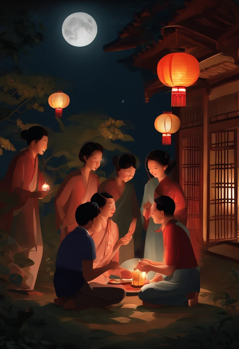 A group of people chatting under a full moon，Play with lanterns，Eat fruit in your mouth，Eat mooncakes