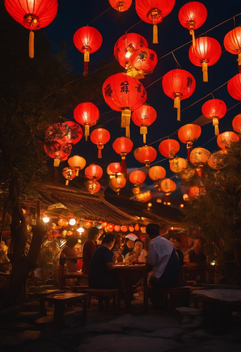 A group of people chatting under a full moon,Play with lanterns,Eat fruit in your mouth,Eat mooncakes