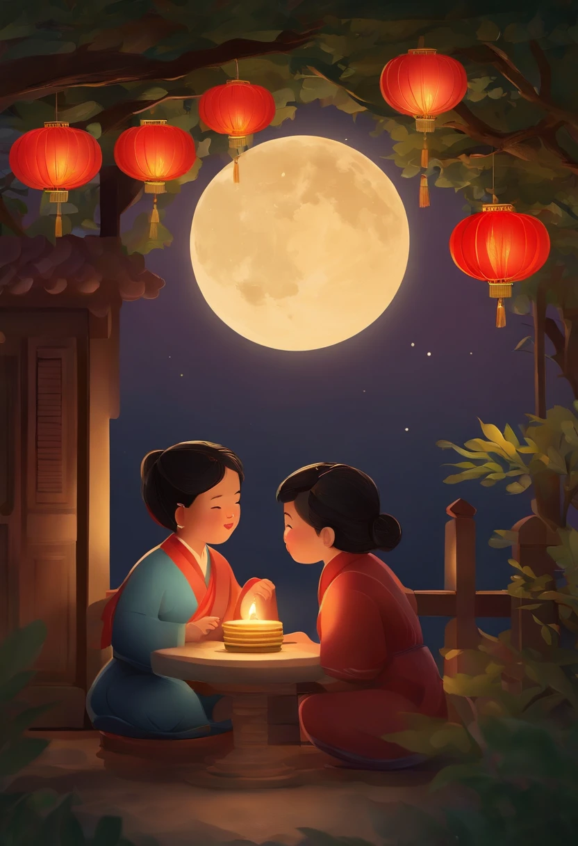 A group of people chatting under a full moon,Play with lanterns,Eat fruit in your mouth,Eat mooncakes