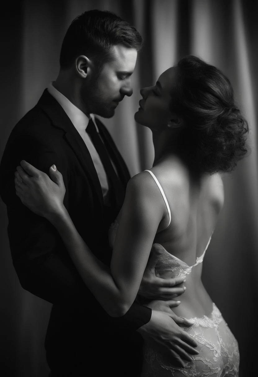 black and white nude on a black background couple in a passionate dance