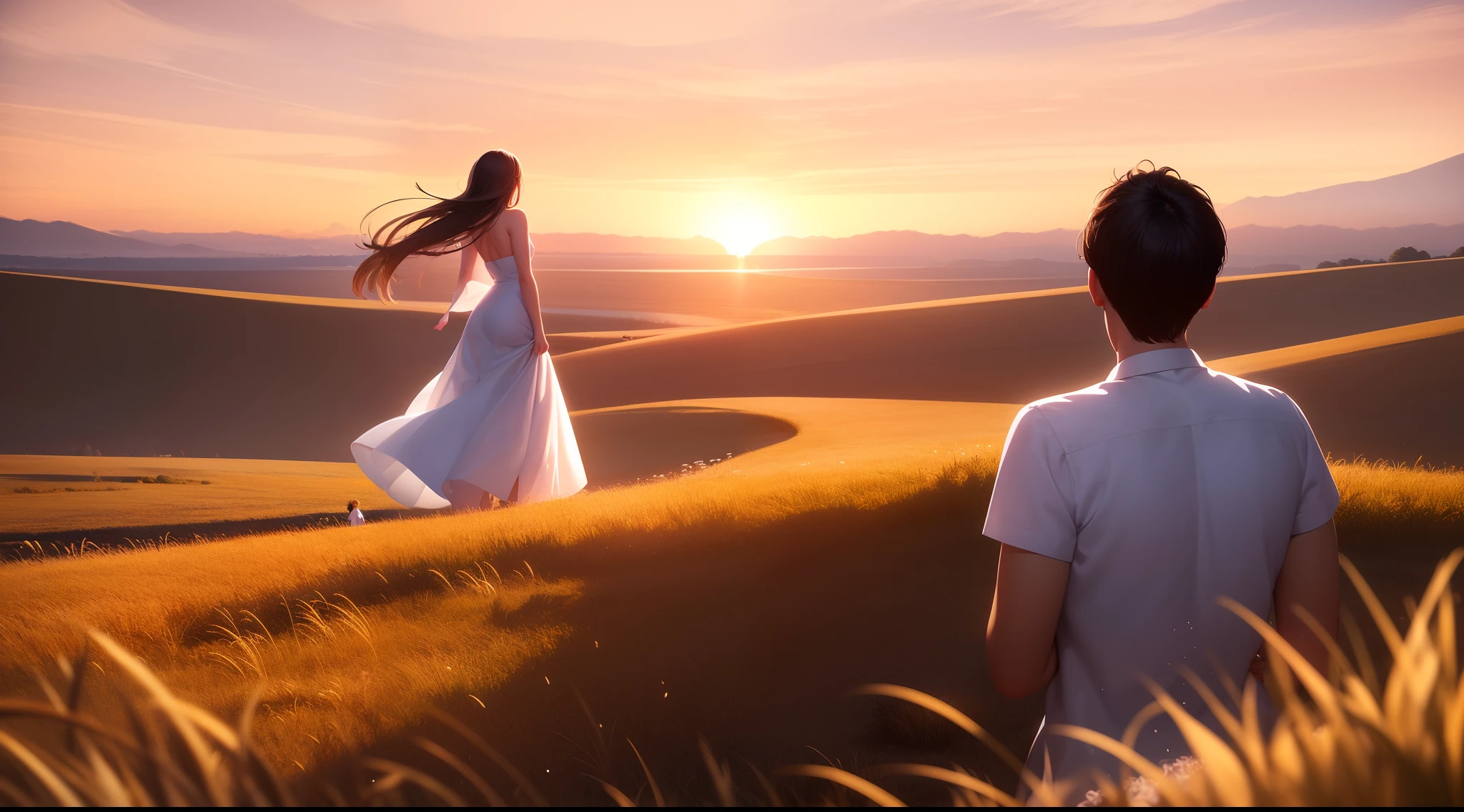 1 girl wearing white dress, 1 boy wearing white shirt. 8k resolution, ultra-detailed, masterpiece, highest quality, (on grassland), shot taken from behind, sunset