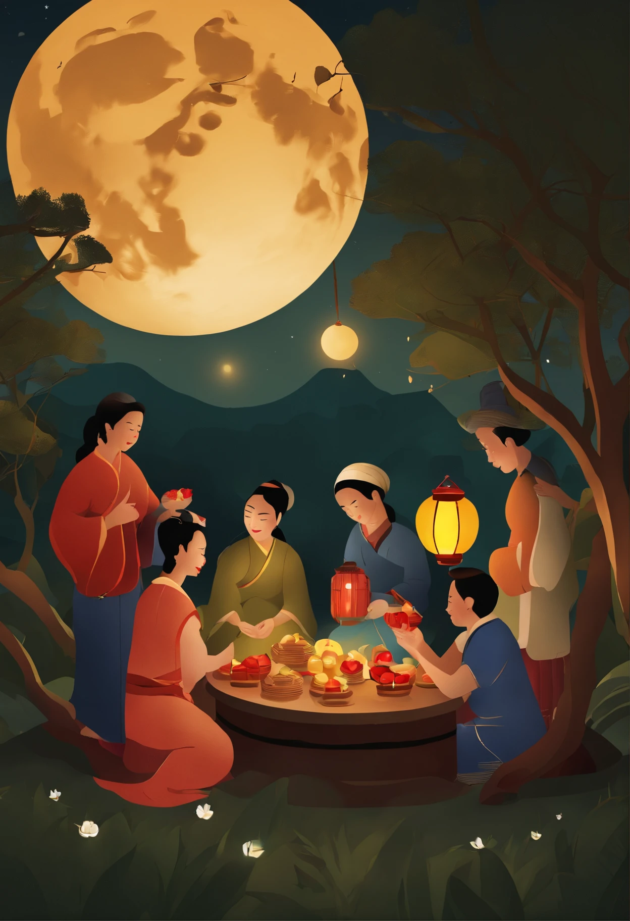 A group of people chatting under a full moon,eating fruits,Eat mooncakes,Play with lanterns
