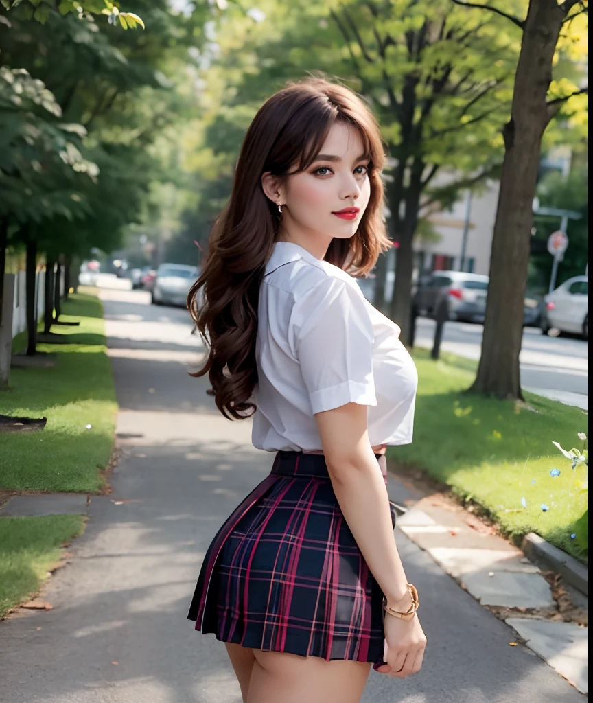 nsfw, 8K raw photo, Best quality, masterpiece, ultra high res, film grain, filmg, 1girl, looking at viewer, natural skin texture, realistic eye and face details, full lips, lipstick, (makeup), red eyeshadow, fluffy long hair, messy hair, smile, close mouth, beautiful legs, tall female, skinny, slim_legs, solo, enormous breast, cleavage, Pose with buttocks facing you, ultra short skirt, ass, shirt, beautiful nature location, around flower location, (detailed background), plaid skirt, white shirt, enormous breast, cleavage, Show a little cleavage through the shirt, loafers, blurry background, blurry, holding, plaid, short sleeves, jk ribbon on the neck, jk ribbon, brown hair, bracelet, water, bangs, school uniform, jewelry, parted lips, lips, from side, pleated skirt, depth of field