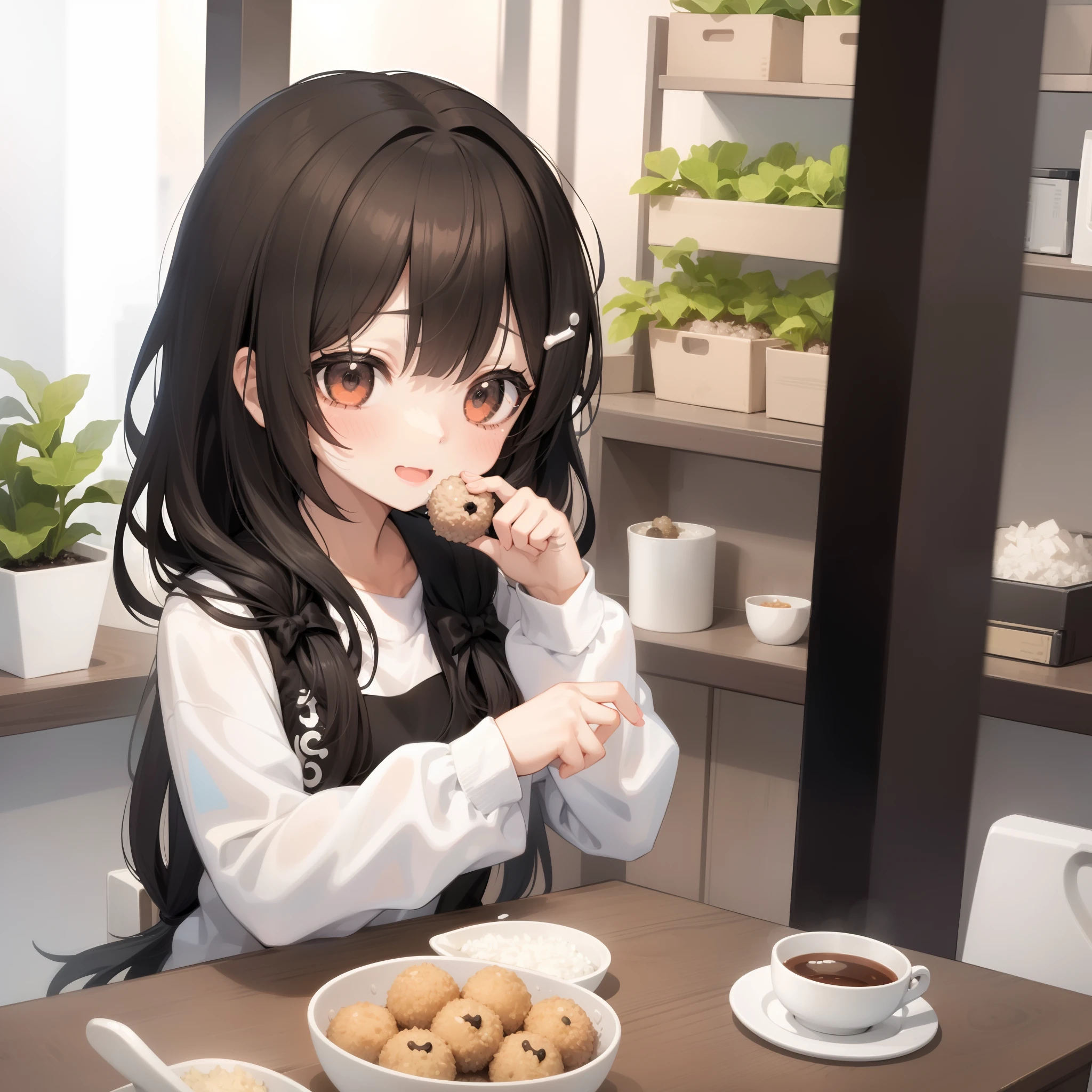 1girl, black haired cute girl, eating rice balls, upper body, happy