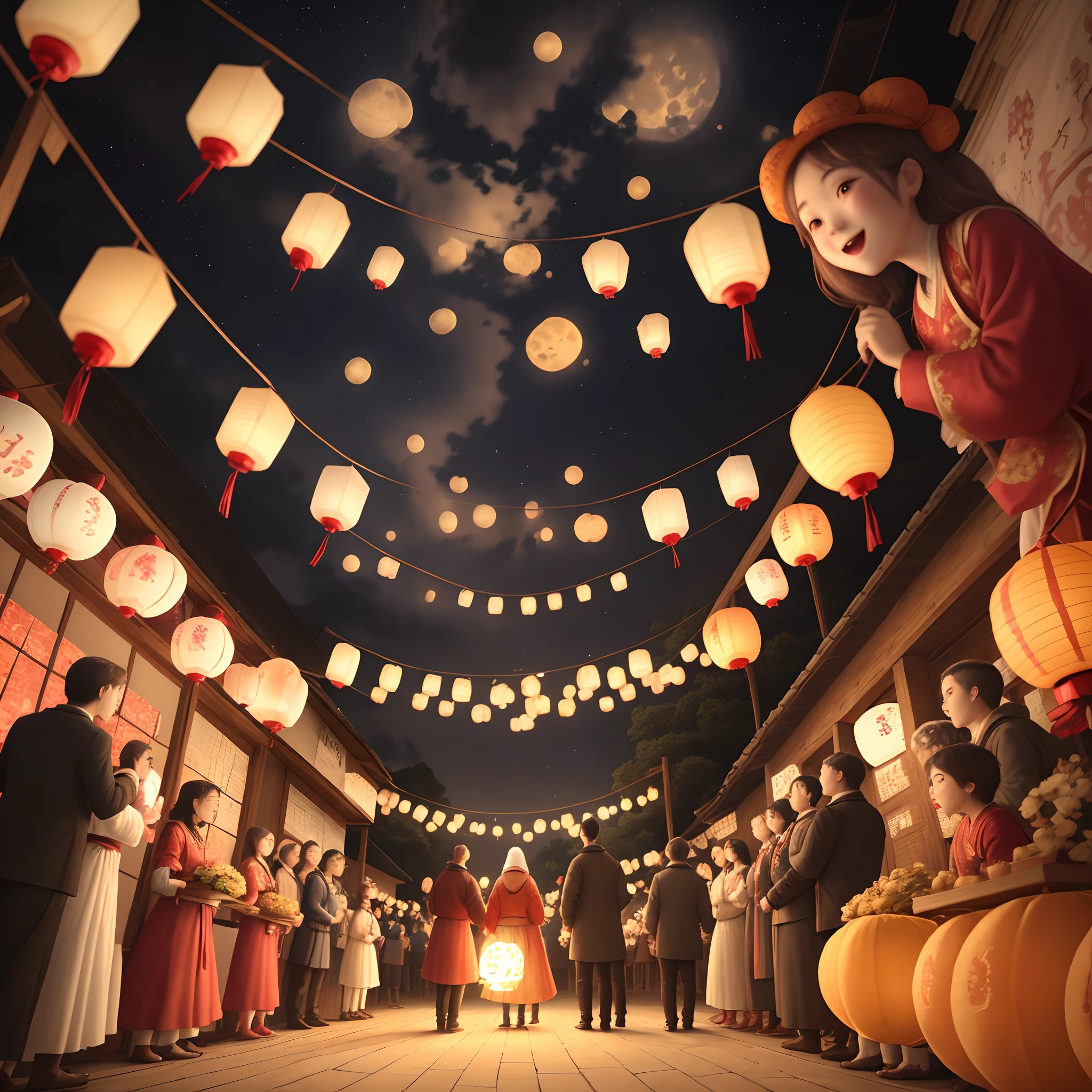 mid-autumn festival,christianity,Brothers and sisters gathered together,Lots of lanterns,cartoony,4k