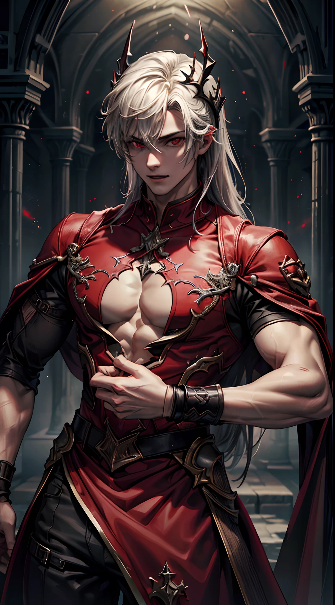 (Man), (Solo), 1boy, high resolution, ultra detailed, best quality, amazing, top quality, extremely detailed CG unity, Vampire Guy, detailed glowing red eyes, pale skin color, devil crown, depth of field, red clothes, half body, cinematic lighting, dark boy, white long hair, red eyes, killer machine, foggy atsmophere, sparkling bloods, darkness, fantasy,
