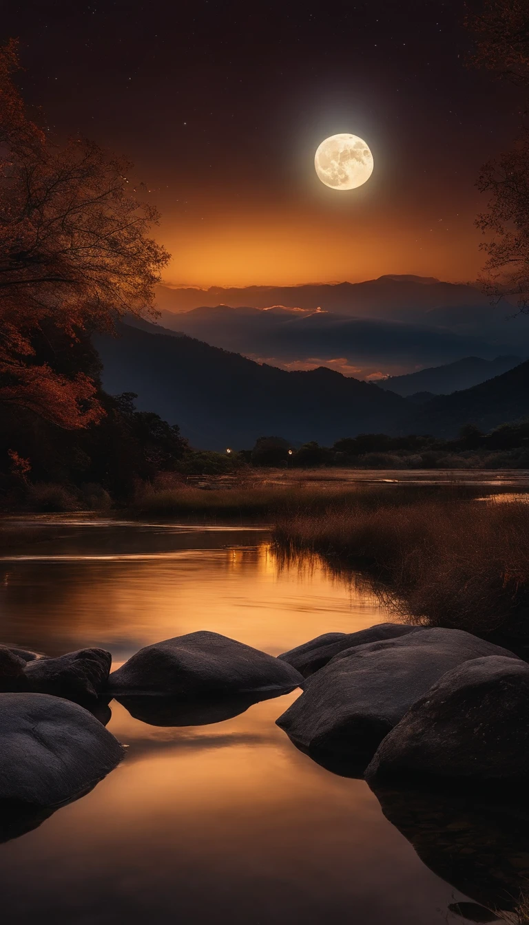 Mid-autumn night view,Not a single person,Beautiful views,The moon is reflected on the water waves,Heaven and earth are pure,Autumn colors are clear,Everything was beautiful,The starry sky hides its brilliance,Give way to moonshine,Golden wind and water dew reflect dazzling light,It is that the human world changes a lot,The moon is still permanent