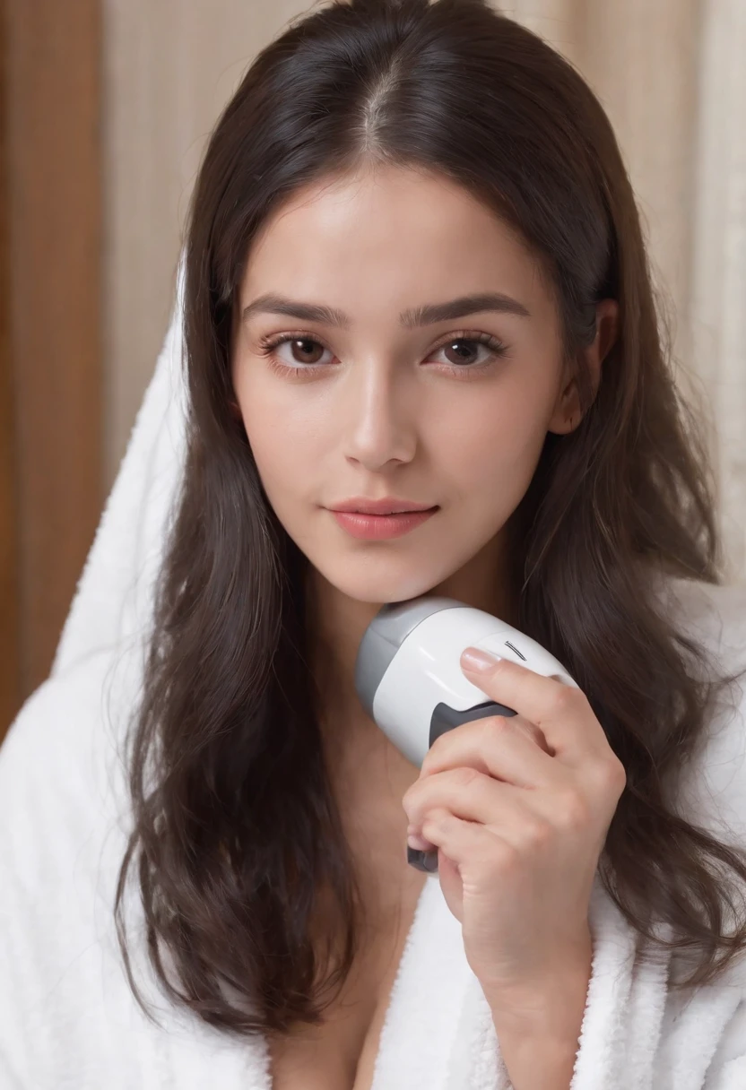 2heads:1.5, chilean girl, 18 years old, black straight hair, hair down, hair wrapped in a towel, wearing a thick white bathrobe, skin is wet, pov from foggy bathroom mirror in a resort hotel, very thick rimmed glasses, smiling skinny,gums visible in smile, delicate body hair visible, visible acne on forehead, sipping holding a hair dryer, very detailed and realistic skin with some body hair on arms,