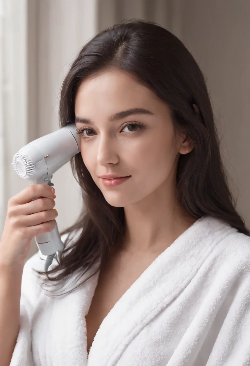 2heads:1.5, chilean girl, 18 years old, black straight hair, hair down, hair wrapped in a towel,  wearing a thick white bathrobe, skin is wet, pov from foggy bathroom mirror in a resort hotel,  very thick rimmed glasses, smiling skinny,gums visible in smile, delicate body hair visible, visible acne on forehead, sipping holding a hair dryer, very detailed and realistic skin with some body hair on arms,