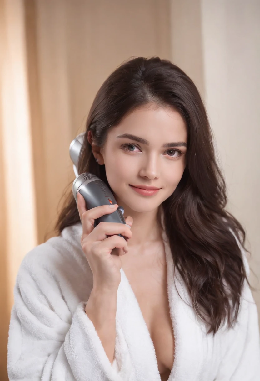 2heads:1.5, chilean girl, 18 years old, black straight hair, hair down, hair wrapped in a towel, wearing a thick white bathrobe, skin is wet, pov from foggy bathroom mirror in a resort hotel, very thick rimmed glasses, smiling skinny,gums visible in smile, delicate body hair visible, visible acne on forehead, sipping holding a hair dryer, very detailed and realistic skin with some body hair on arms,