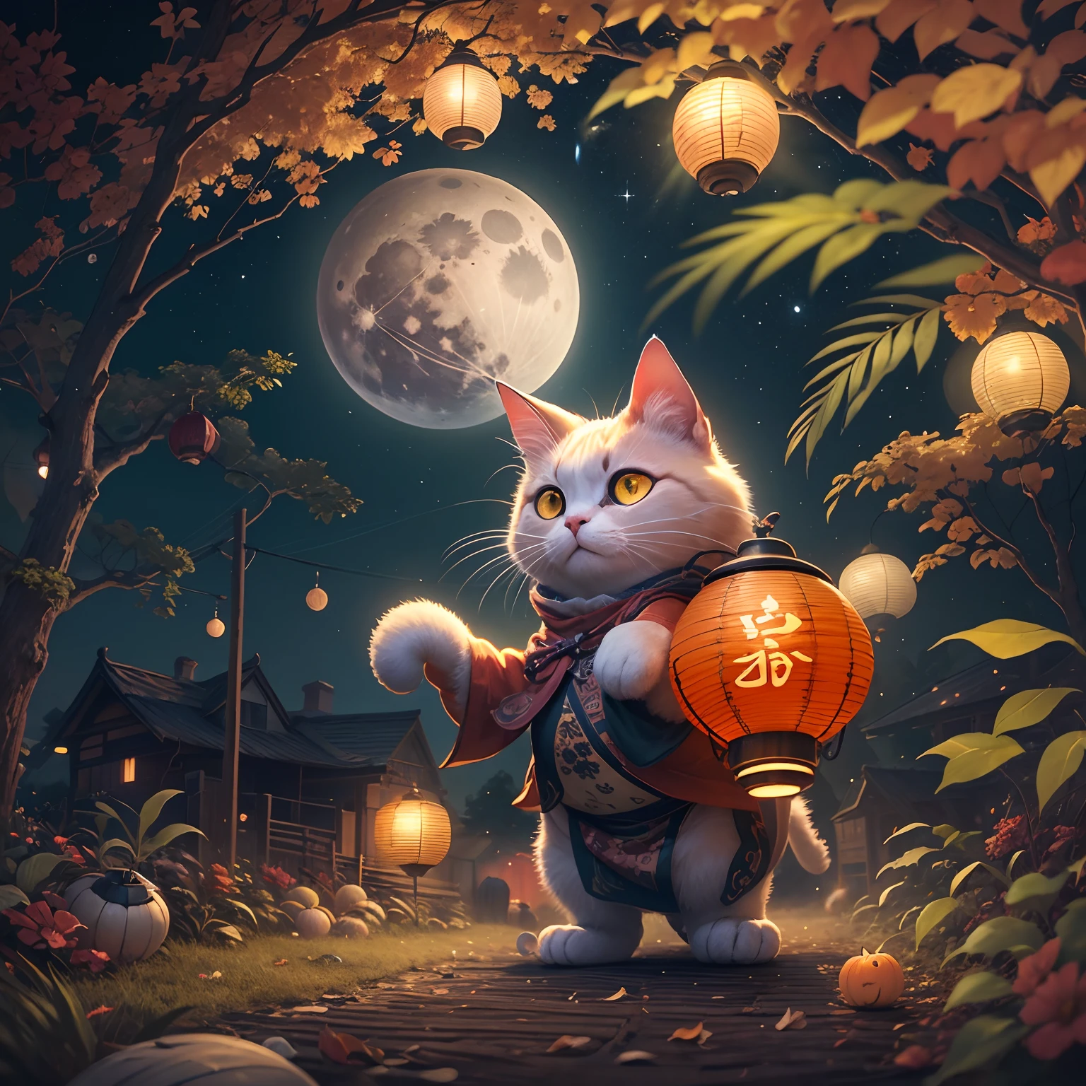 Mid-Autumn Full Moon, A round-eyed cat carrying a Mid-Autumn Festival lantern, yard.