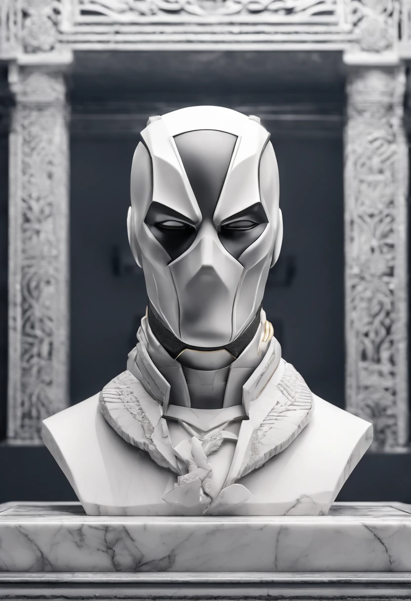 White marble deadpool bust statuedark atmosphere, alto contraste de luz e sombra, fotografia profissional, utrarealista, light volumetric, cinemactic