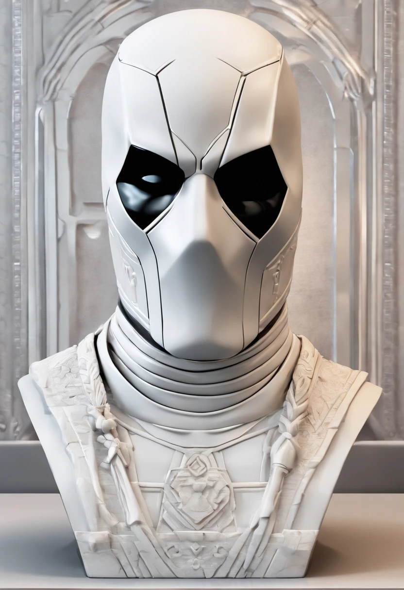 White marble deadpool bust statuedark atmosphere, alto contraste de luz e sombra, fotografia profissional, utrarealista, light volumetric, cinemactic