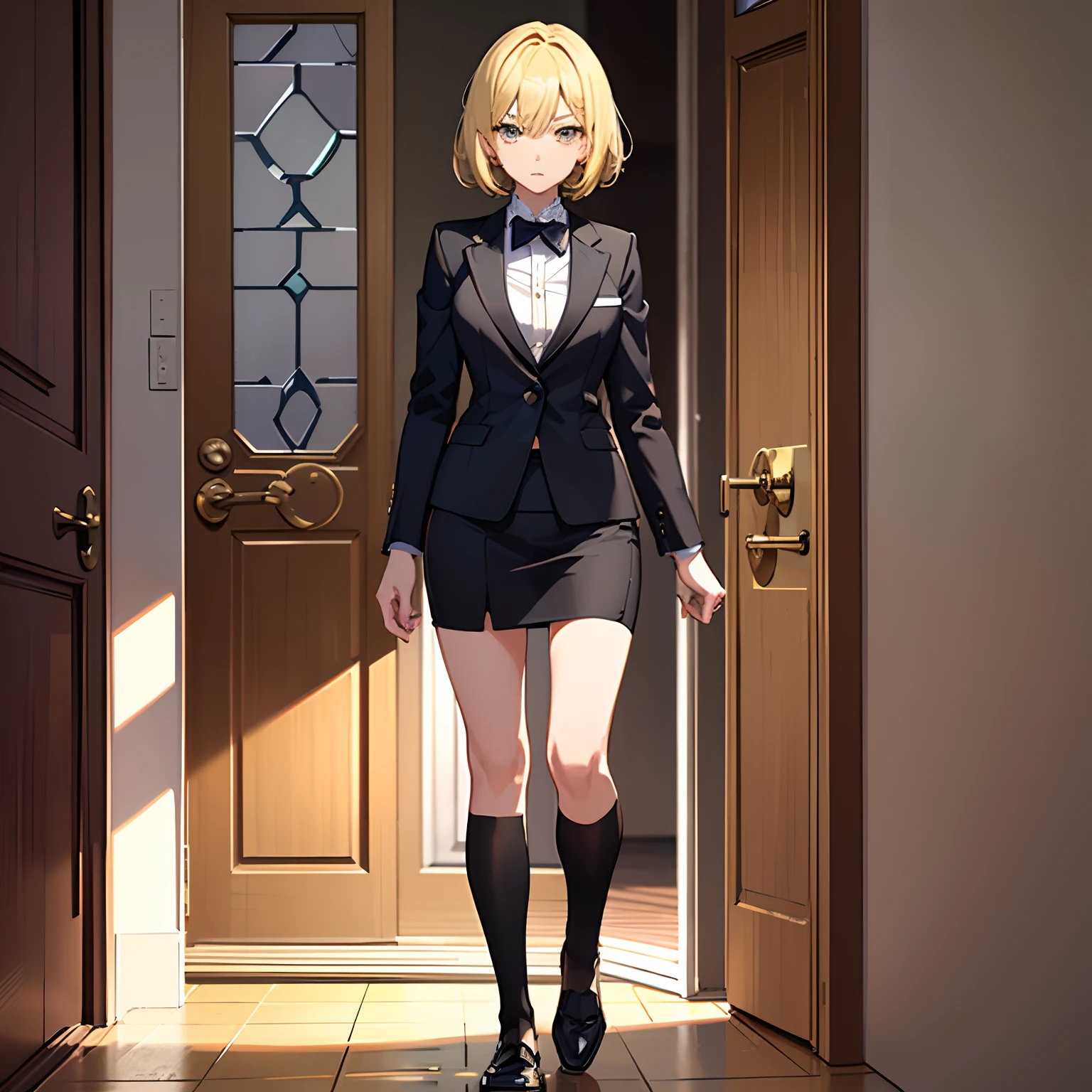 1girll,(short blonde hair:1.6),Business suit,Skirt that wraps hips,black short socks,Mature and beautiful and sexy,Rich and noble families,In the corridor of the villa,(Knocking on the door:2),facing away from the audience,seductive, Ultra-detailed CG,Exquisite facial features,Clear facial expressions,Detailed digital anime art,Digital anime art,High quality anime art style
