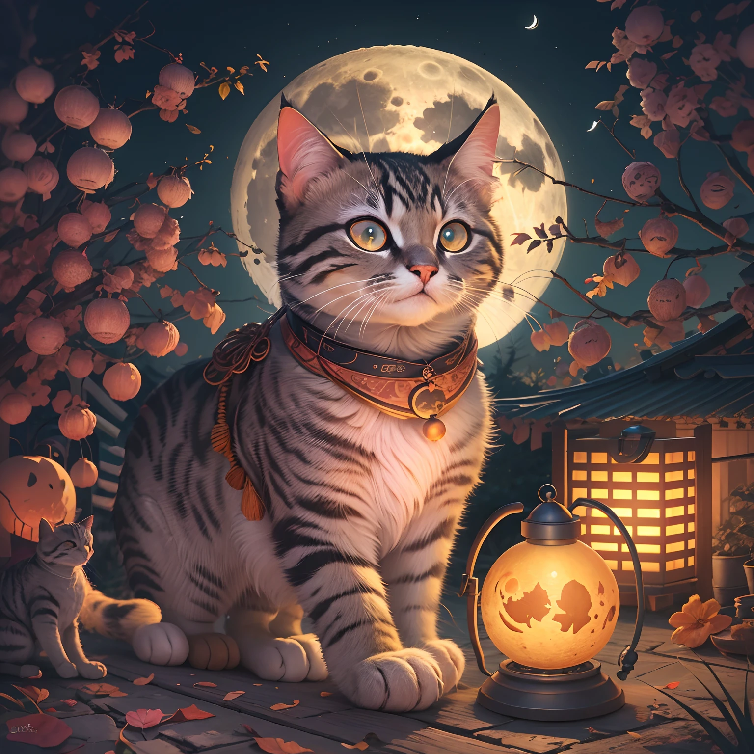 Mid-Autumn Full Moon, A round-eyed cat carrying a Mid-Autumn Festival lantern, yard.