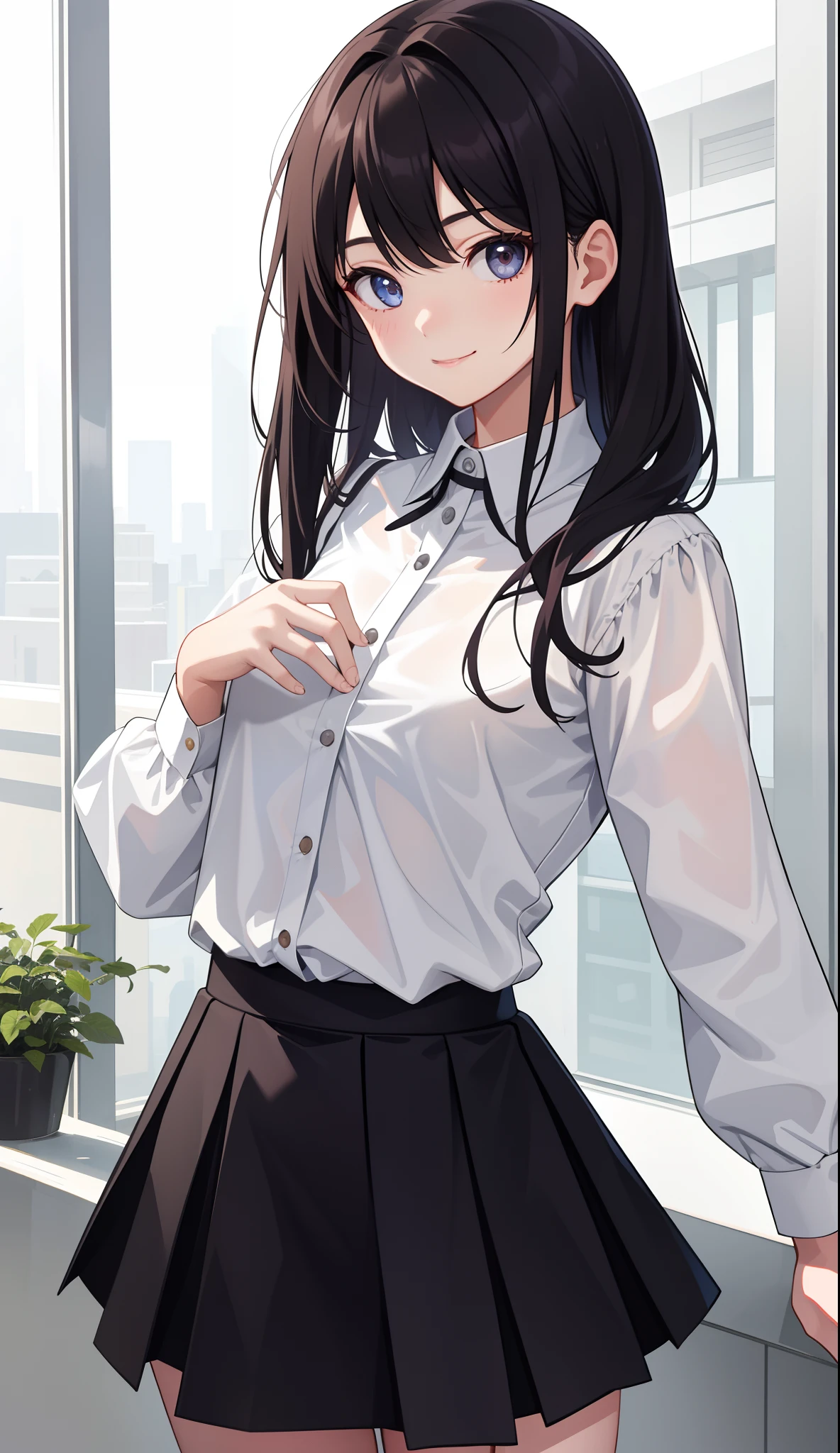 1girl in、AS-Adult、a smile、The shirt、skirt by the、(small tits)、Upper body portrait、