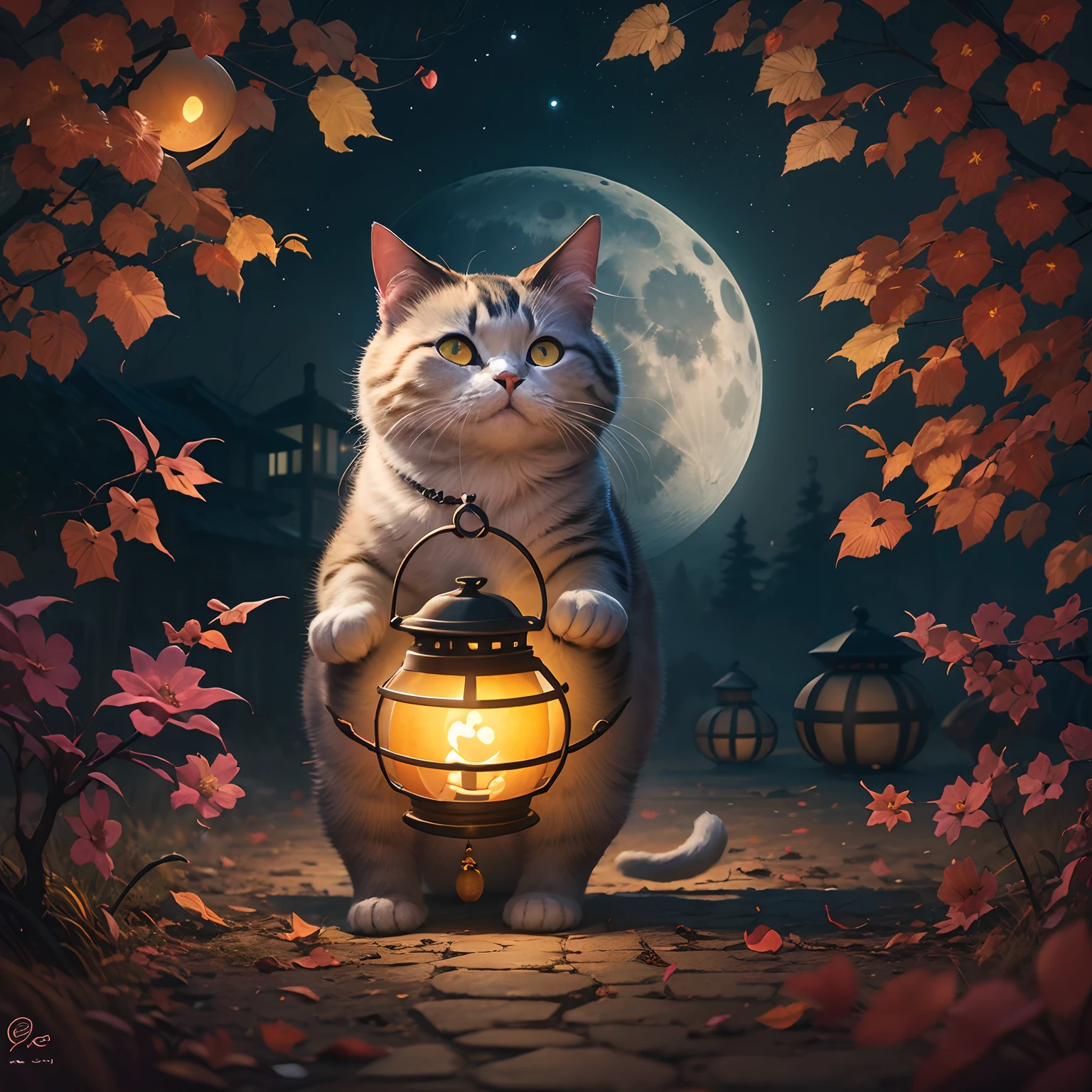 Mid-Autumn Full Moon, A round-eyed cat carrying a Mid-Autumn Festival lantern, yard.