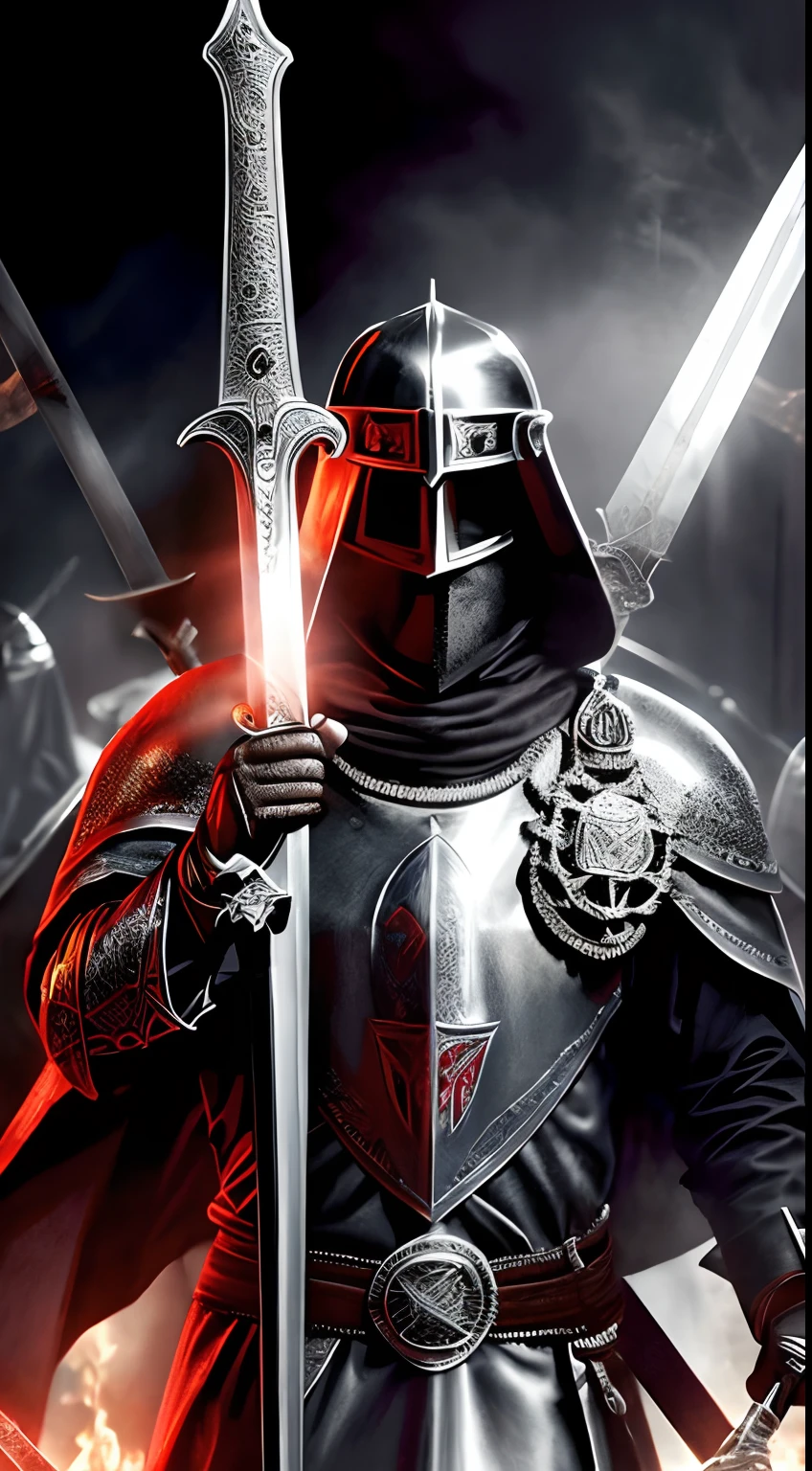 Create image of Knights Templar wielding shining swords against demons