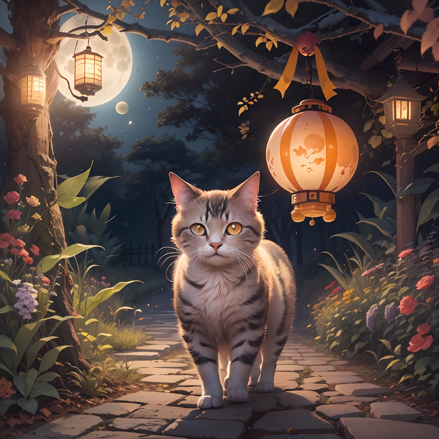 Mid-Autumn Full Moon, A round-eyed cat carrying a Mid-Autumn Festival lantern, yard.