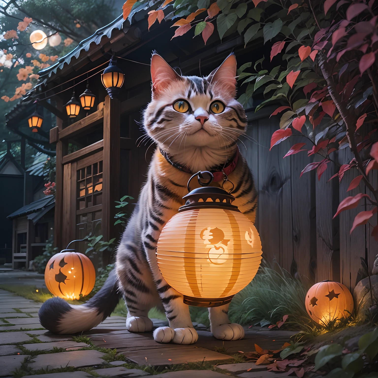 Mid-Autumn Full Moon, A round-eyed cat carrying a Mid-Autumn Festival lantern, yard.