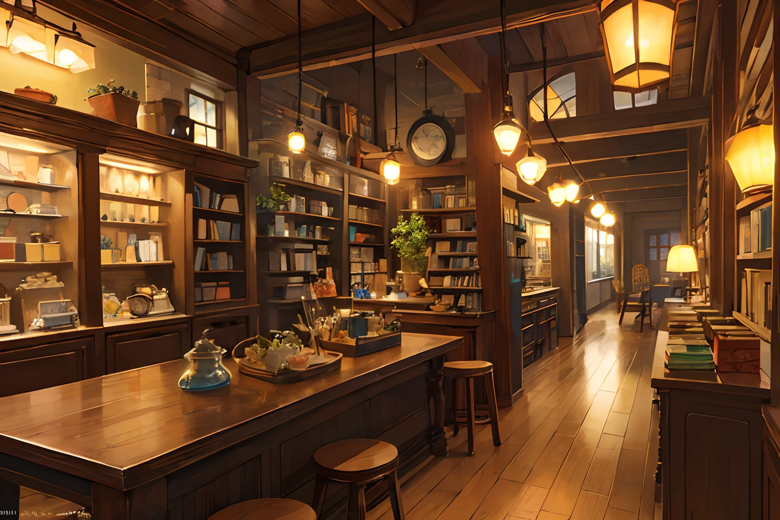 (masterpiece:1.2), best quality,PIXIV, Night scene,
scenery, humans, window, plant, potted plant, indoors, shelf, wooden floor, lantern, lamp, book, bookshelf, blurry, table, jar, depth of field, chair, cup, fantasy, barrel, ladder,Funny Times Shop, a bright and colorful place with magic brushes flying around, and customers smiling and laughing.