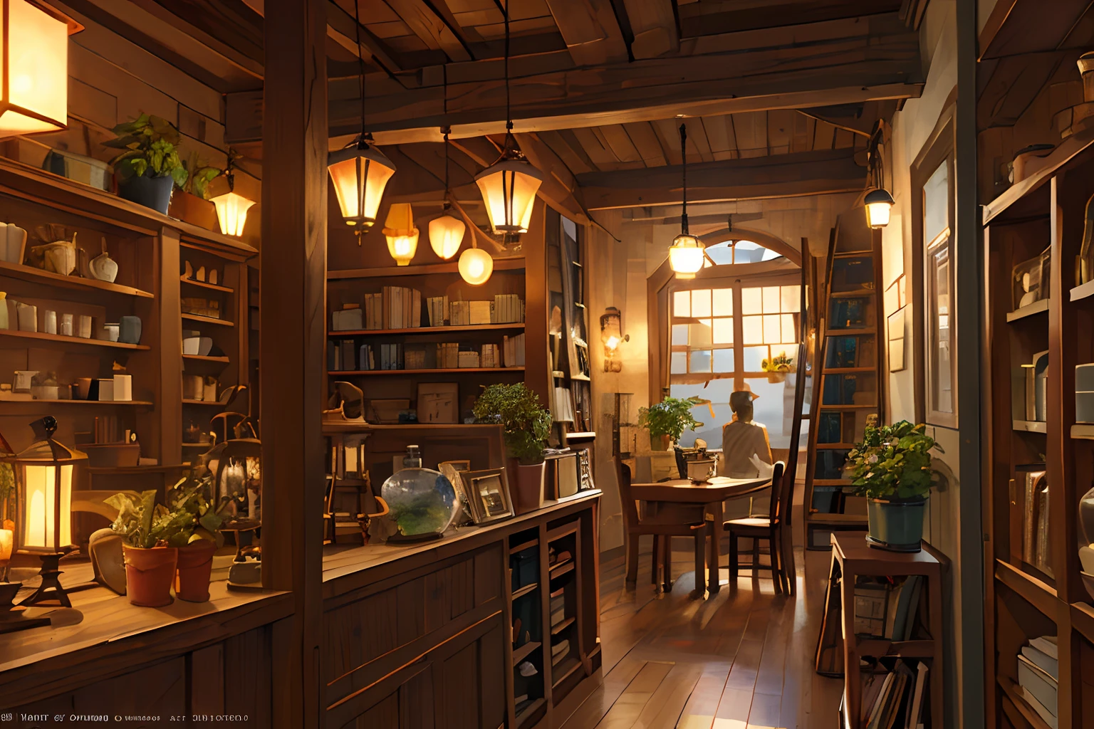 (masterpiece:1.2), best quality,PIXIV, Night scene,
scenery, humans, window, plant, potted plant, indoors, shelf, wooden floor, lantern, lamp, book, bookshelf, blurry, table, jar, depth of field, chair, cup, fantasy, barrel, ladder,Funny Times Shop, a bright and colorful place with magic brushes flying around, and customers smiling and laughing.